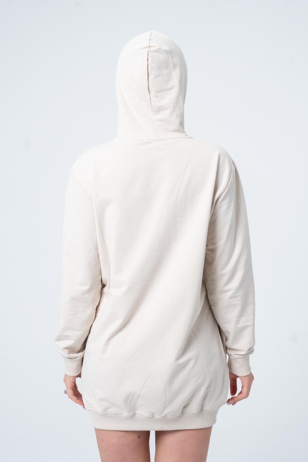 Bej Uzun Sweatshirt Elbise Tunik Uzun Kollu Yandan Cepli