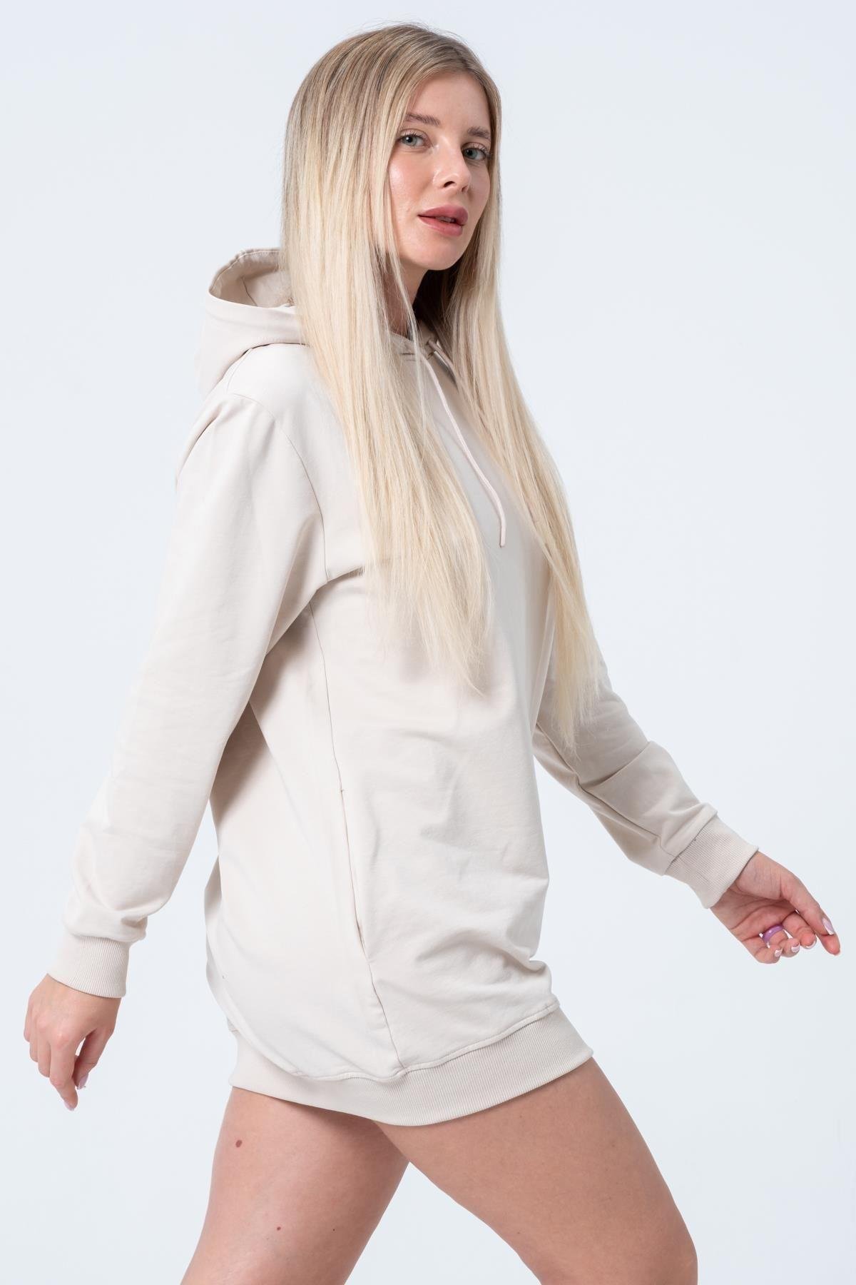 Bej Uzun Sweatshirt Elbise Tunik Uzun Kollu Yandan Cepli