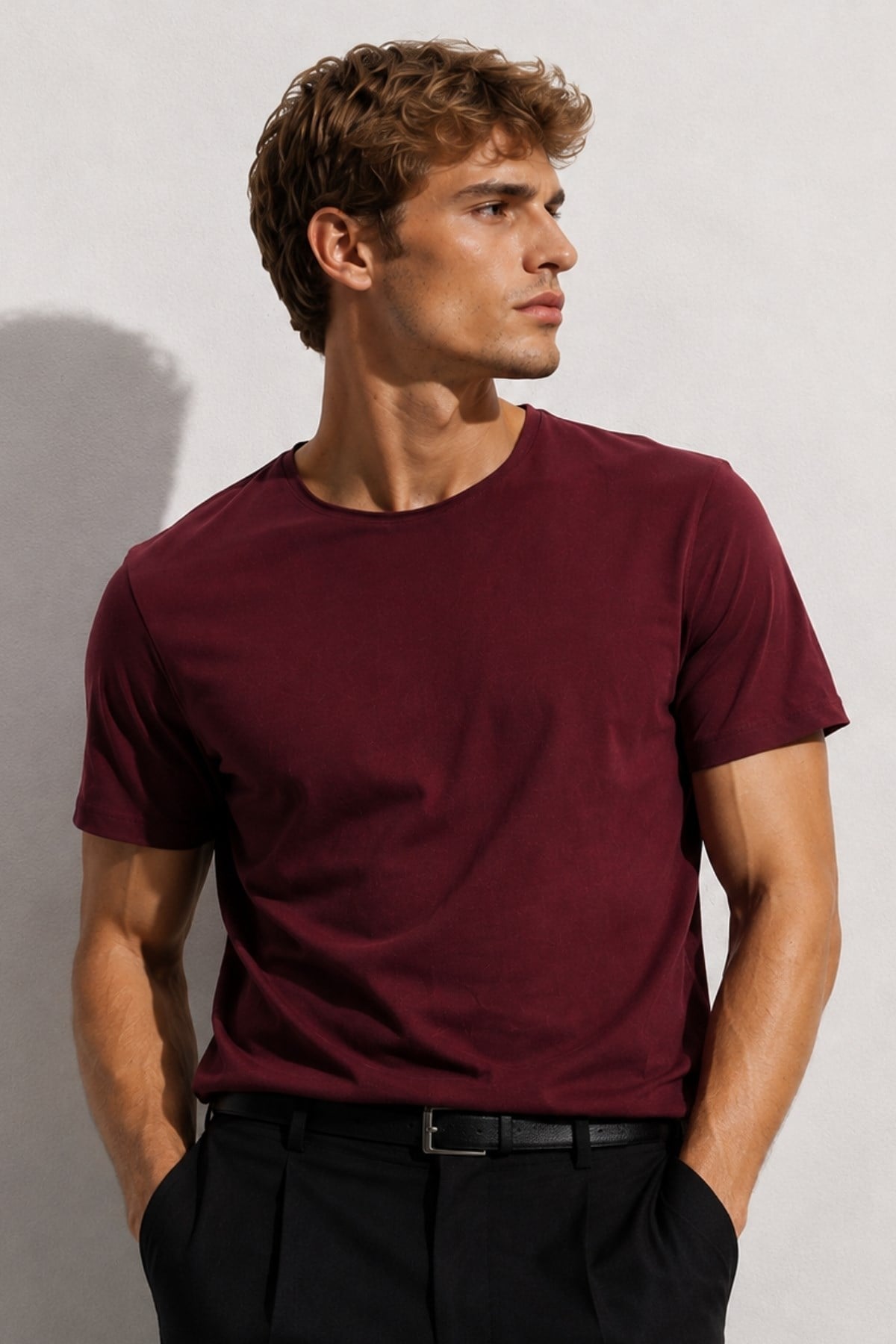 Bordo Erkek Yıkamalı Basic T-shirt
