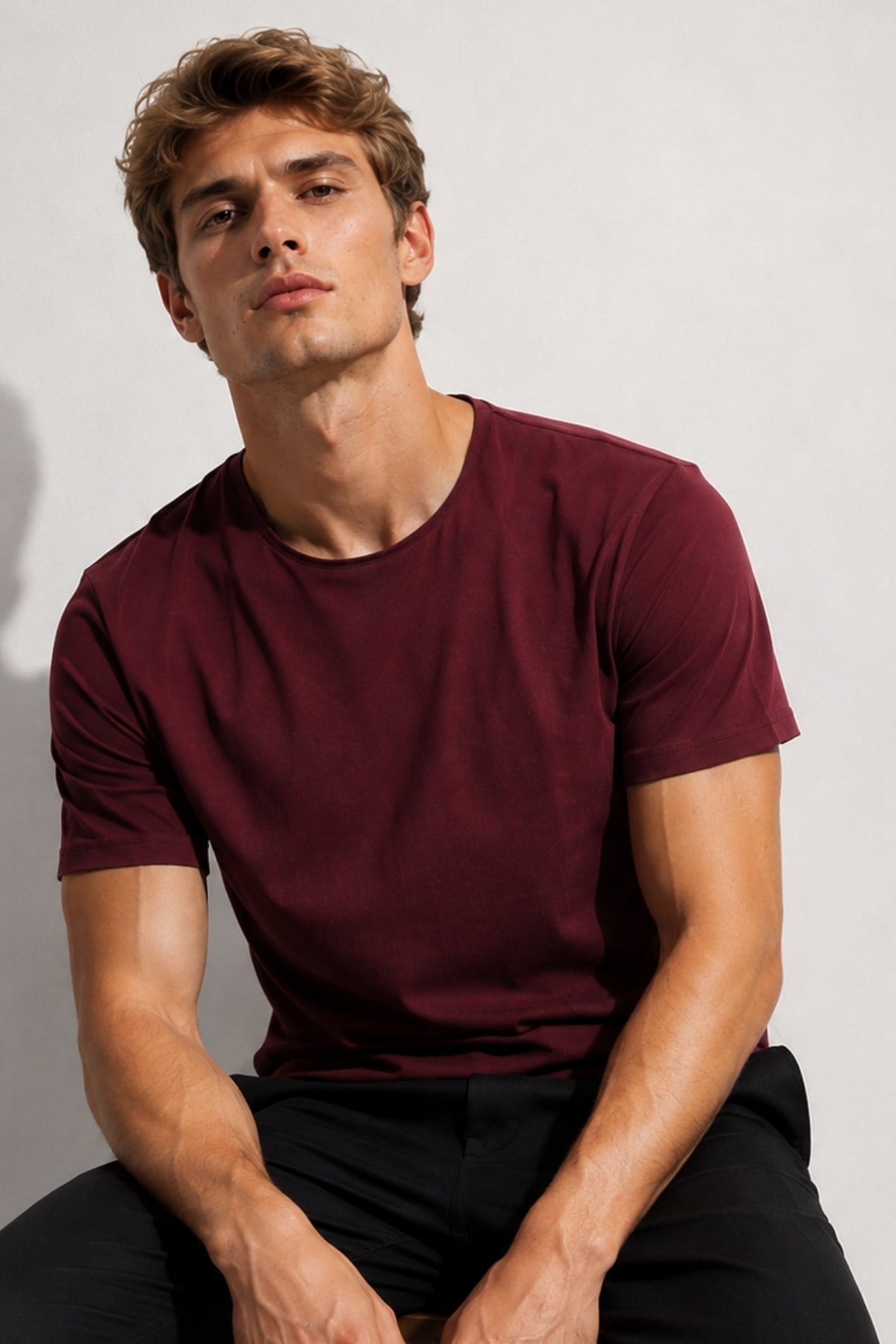 Bordo Erkek Yıkamalı Basic T-shirt