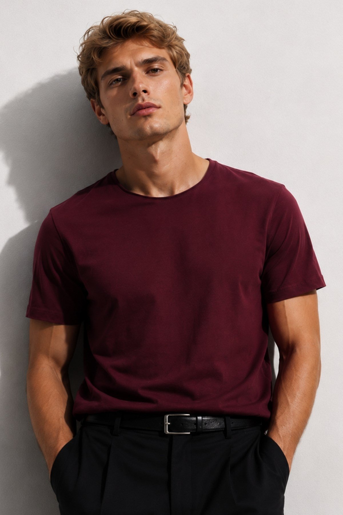 Bordo Erkek Yıkamalı Basic T-shirt