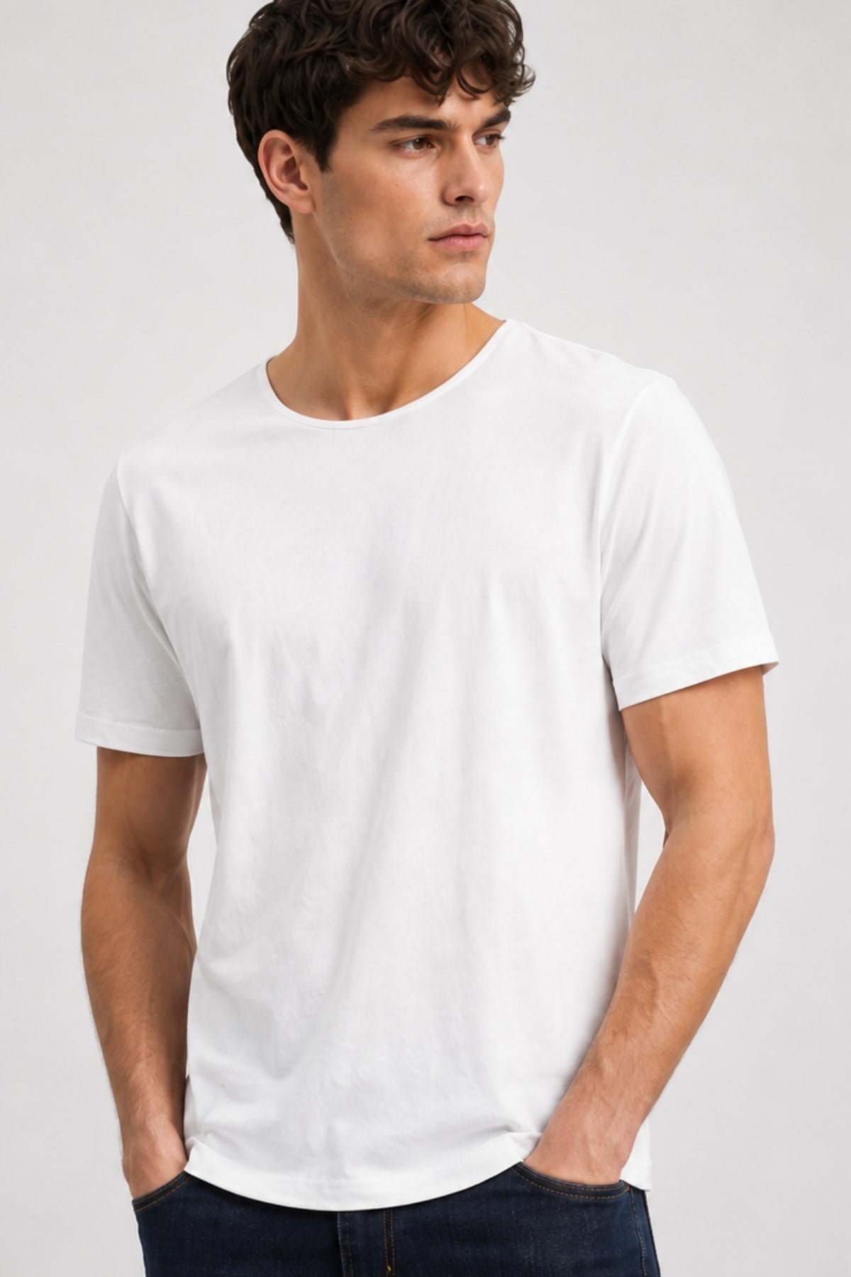 Ekru Erkek Yıkamalı Basic T-shirt