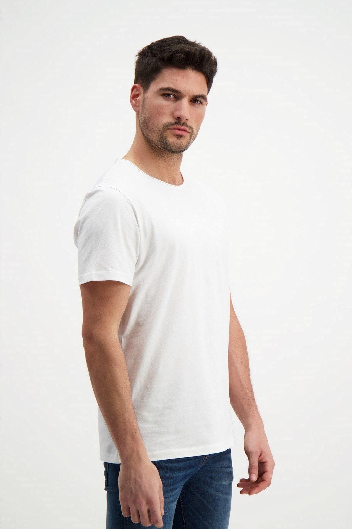 Ekru Erkek Yıkamalı Basic T-shirt