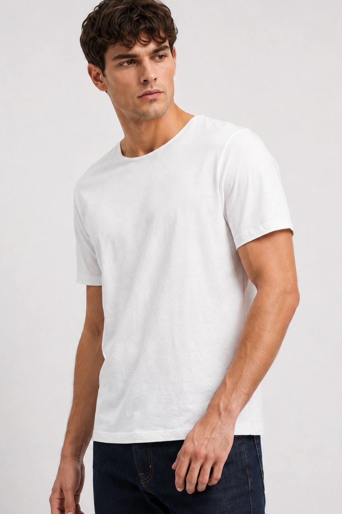 Ekru Erkek Yıkamalı Basic T-shirt