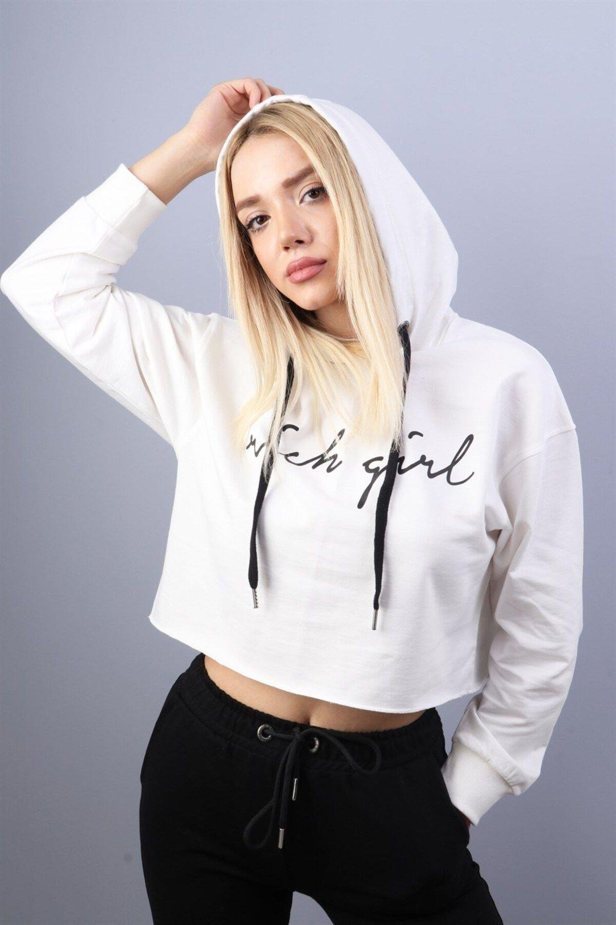 Ekru Kadın Crop Sweatshirt