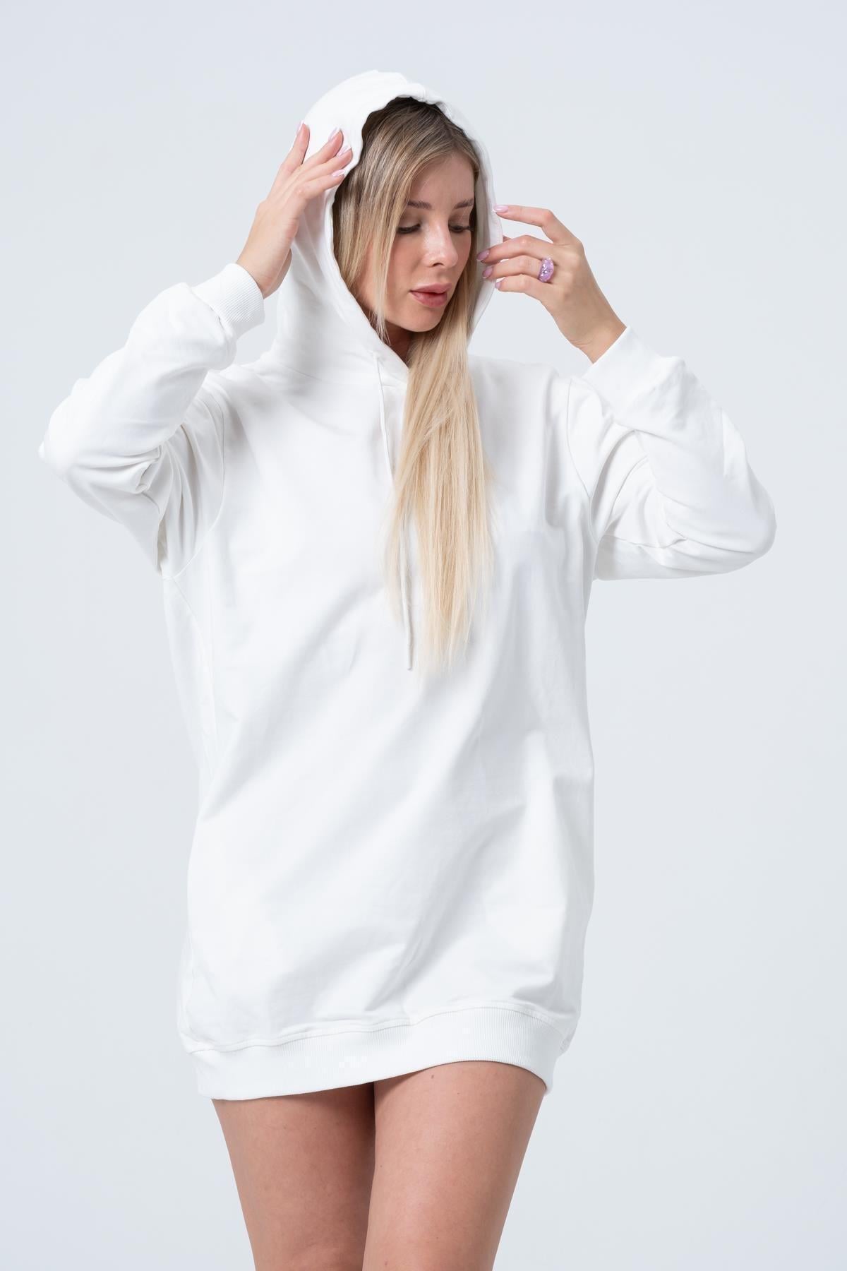 Ekru Uzun Sweatshirt Elbise Tunik Uzun Kollu Yandan Cepli