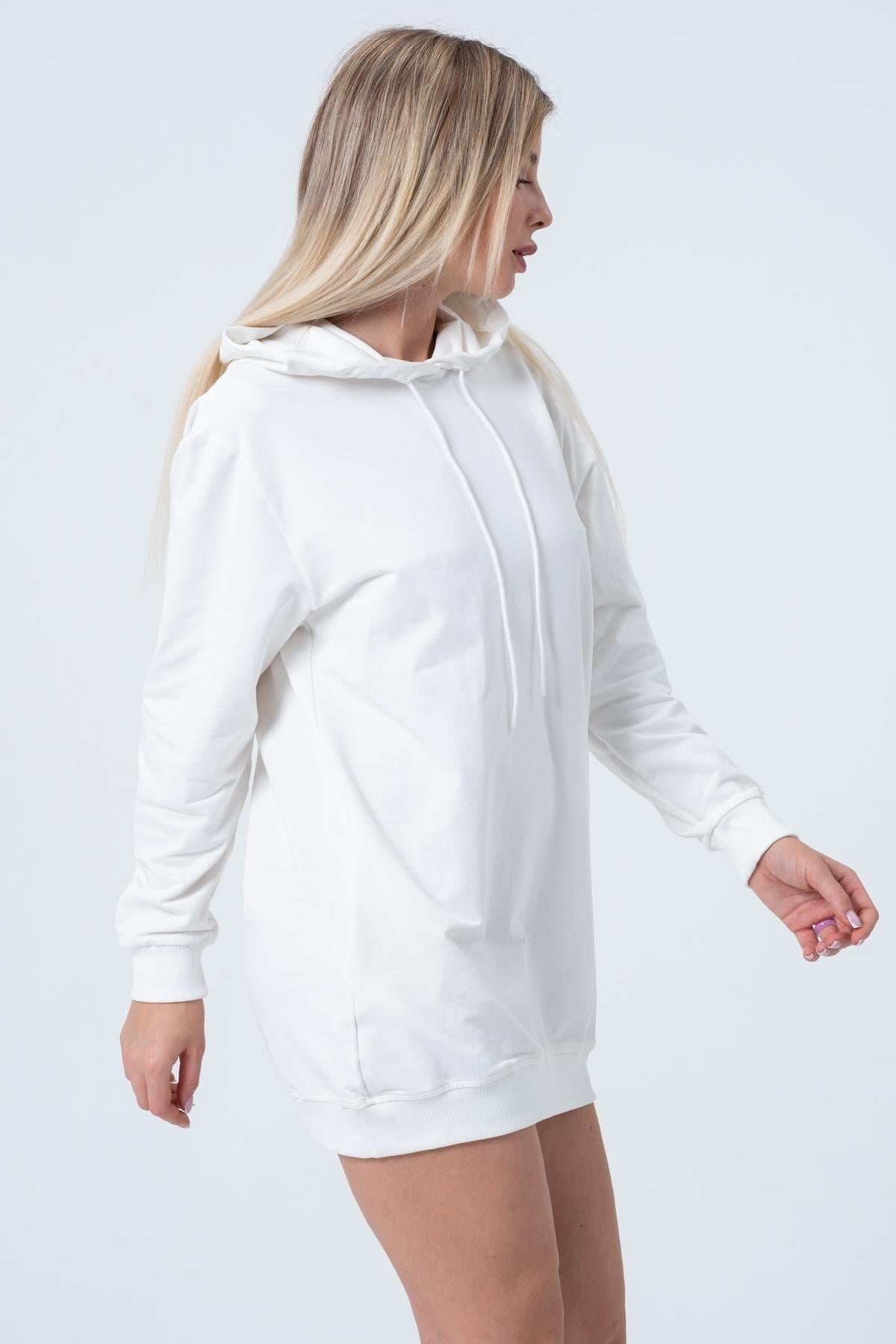 Ekru Uzun Sweatshirt Elbise Tunik Uzun Kollu Yandan Cepli