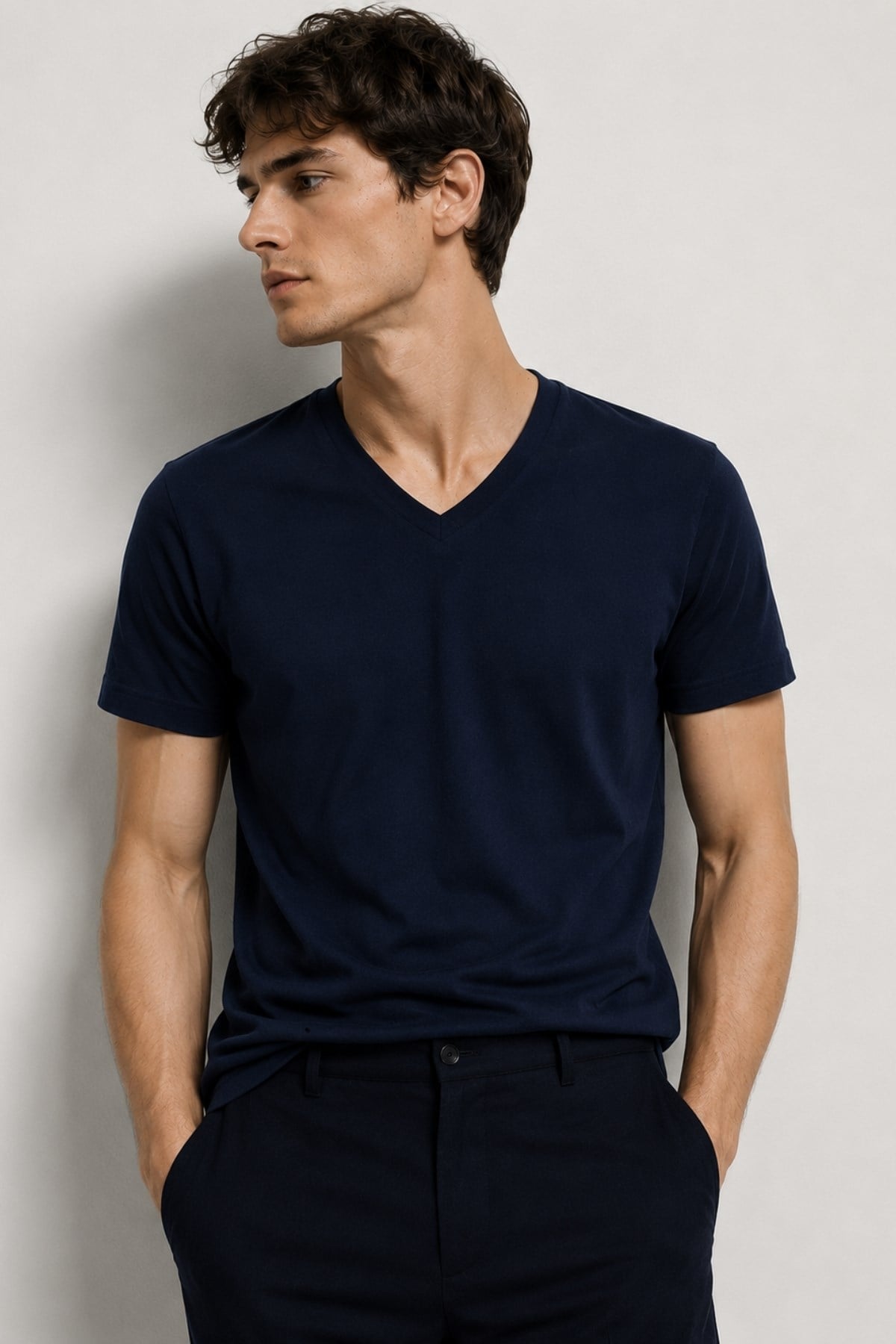 Erkek %100 Pamuk Kısa Kollu Lacivert T-shirt V Yaka Basic Erkek Tişört