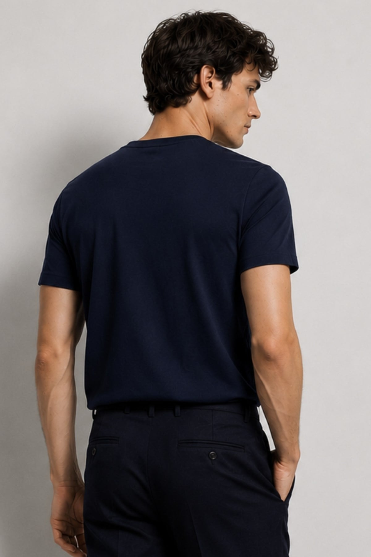 Erkek %100 Pamuk Kısa Kollu Lacivert T-shirt V Yaka Basic Erkek Tişört