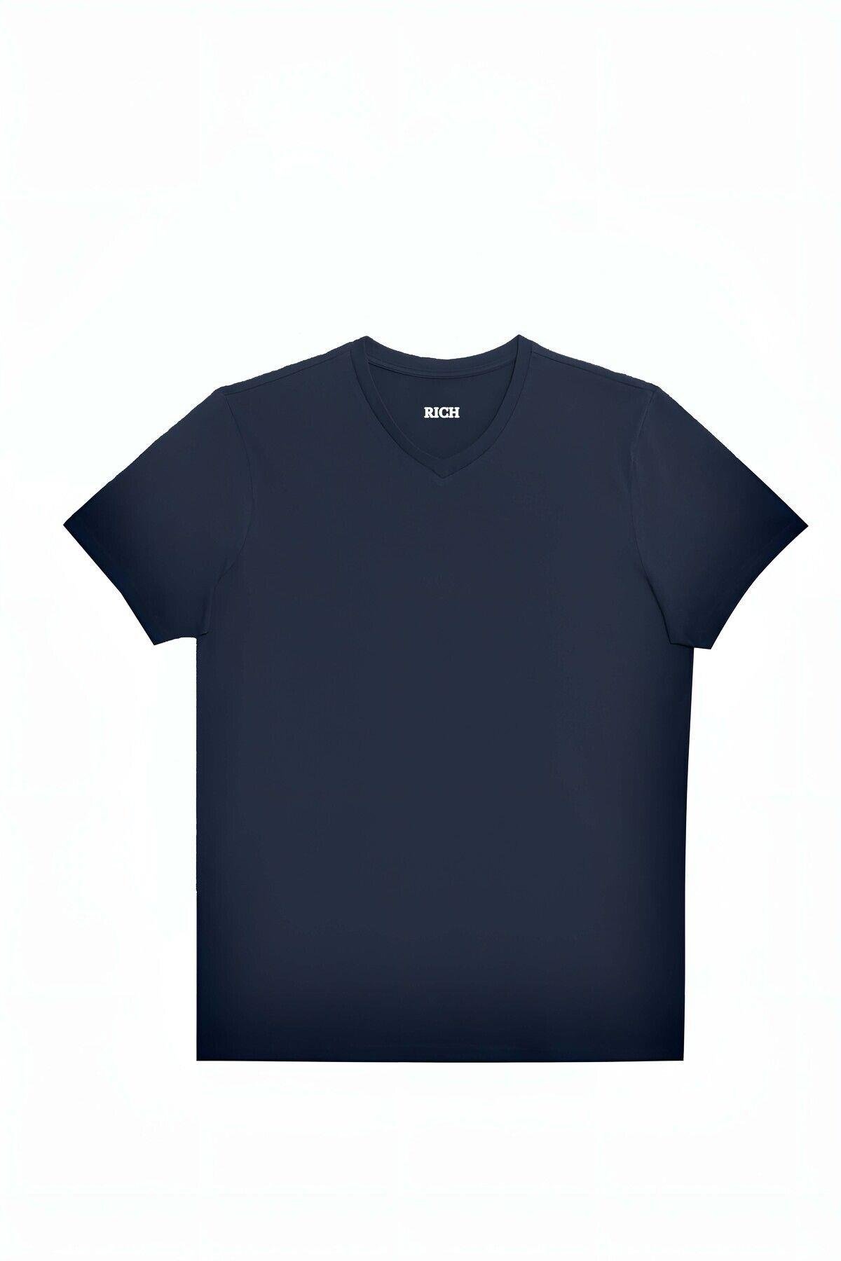 Erkek %100 Pamuk Kısa Kollu Lacivert T-shirt V Yaka Basic Erkek Tişört