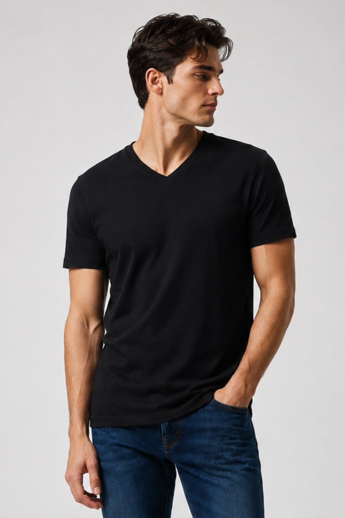 Erkek %100 Pamuk Kısa Kollu Siyah T-shirt V Yaka Basic Erkek Tişört