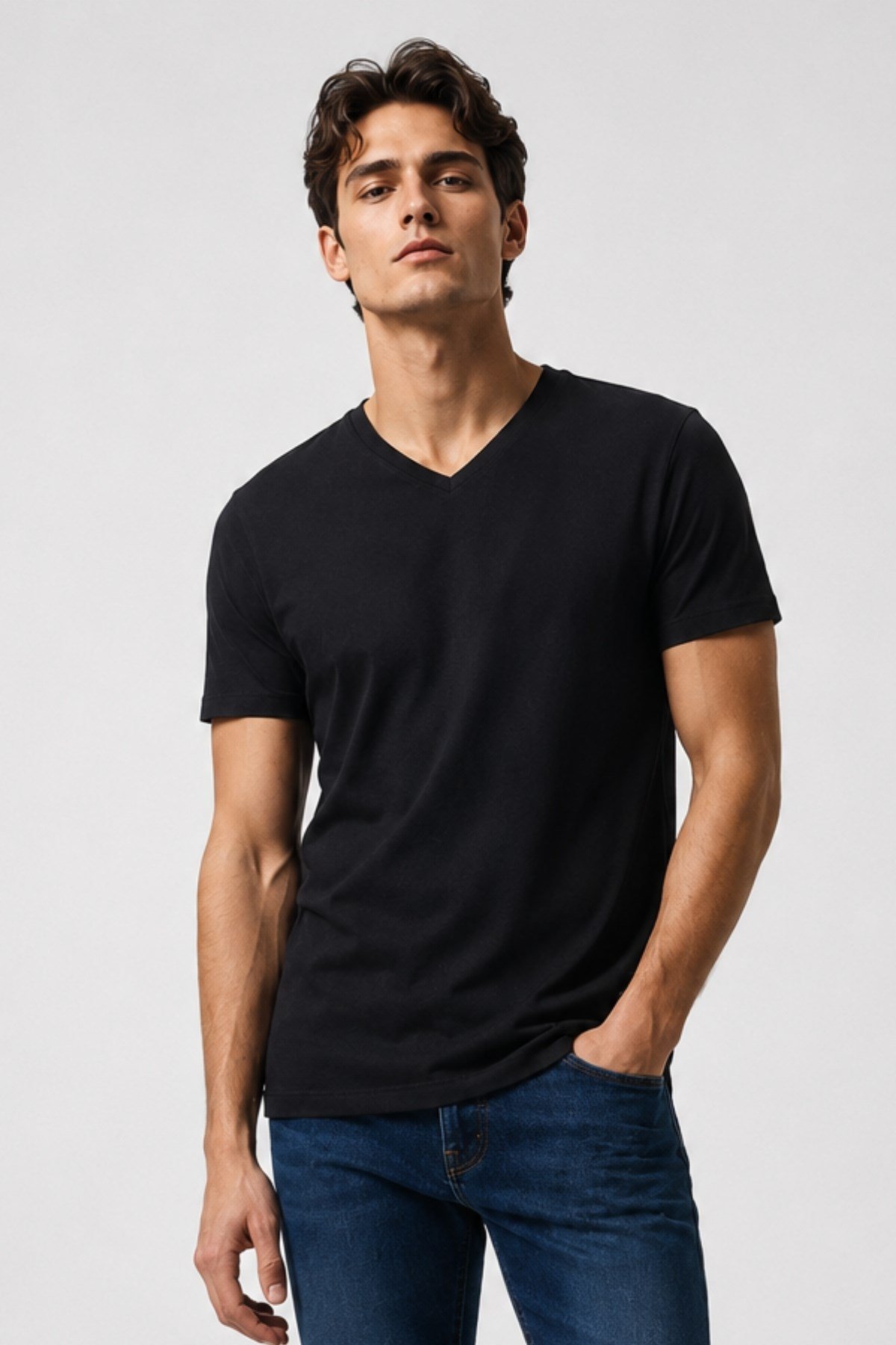 Erkek %100 Pamuk Kısa Kollu Siyah T-shirt V Yaka Basic Erkek Tişört