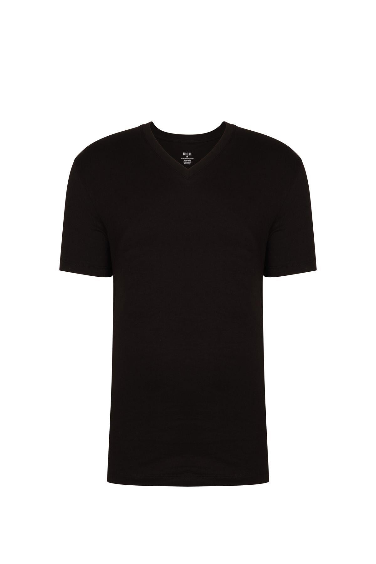 Erkek %100 Pamuk Kısa Kollu Siyah T-shirt V Yaka Basic Erkek Tişört