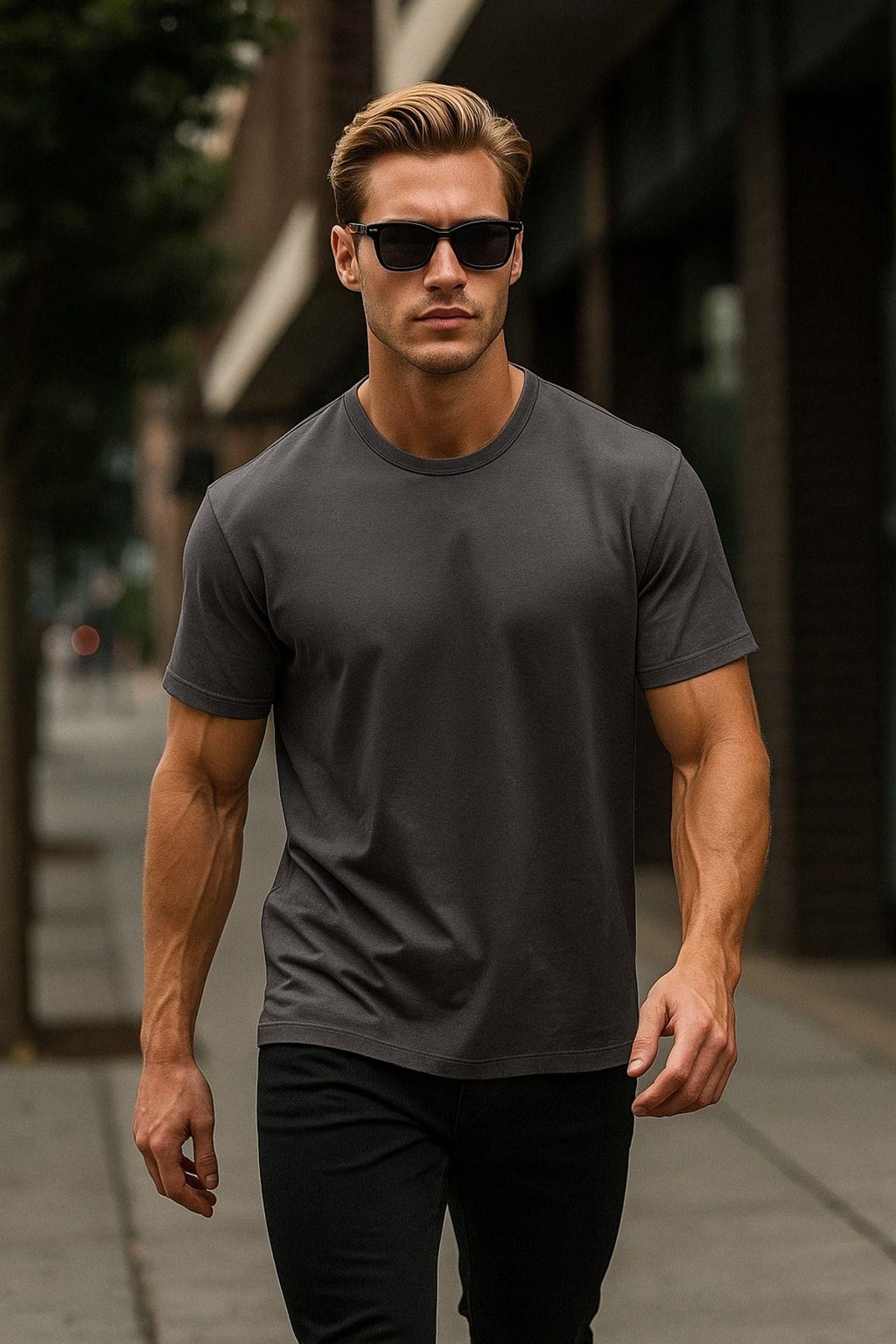 Erkek %100 Pamuk Oversize Tişört Basic Bisiklet Yaka Kısa Kollu T-Shirt