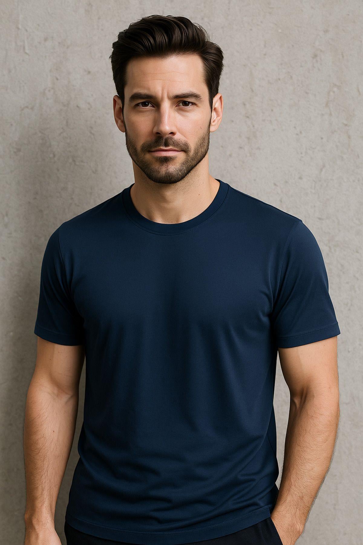 Erkek %100 Pamuk Slim Fit Sporcu Tişört Basic Bisiklet Yaka Kısa Kollu T-Shirt