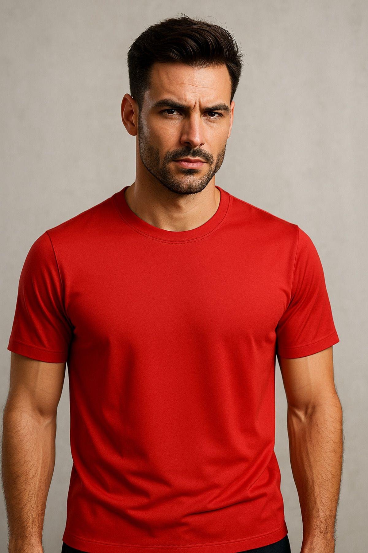 Erkek %100 Pamuk Slim Fit Sporcu Tişört Basic Bisiklet Yaka Kısa Kollu T-Shirt