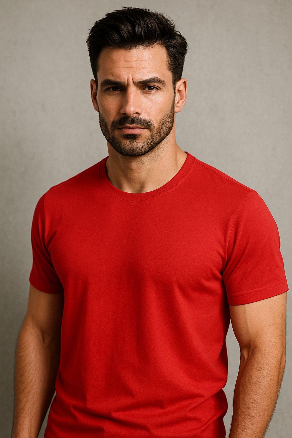 Erkek %100 Pamuk Slim Fit Sporcu Tişört Basic Bisiklet Yaka Kısa Kollu T-Shirt