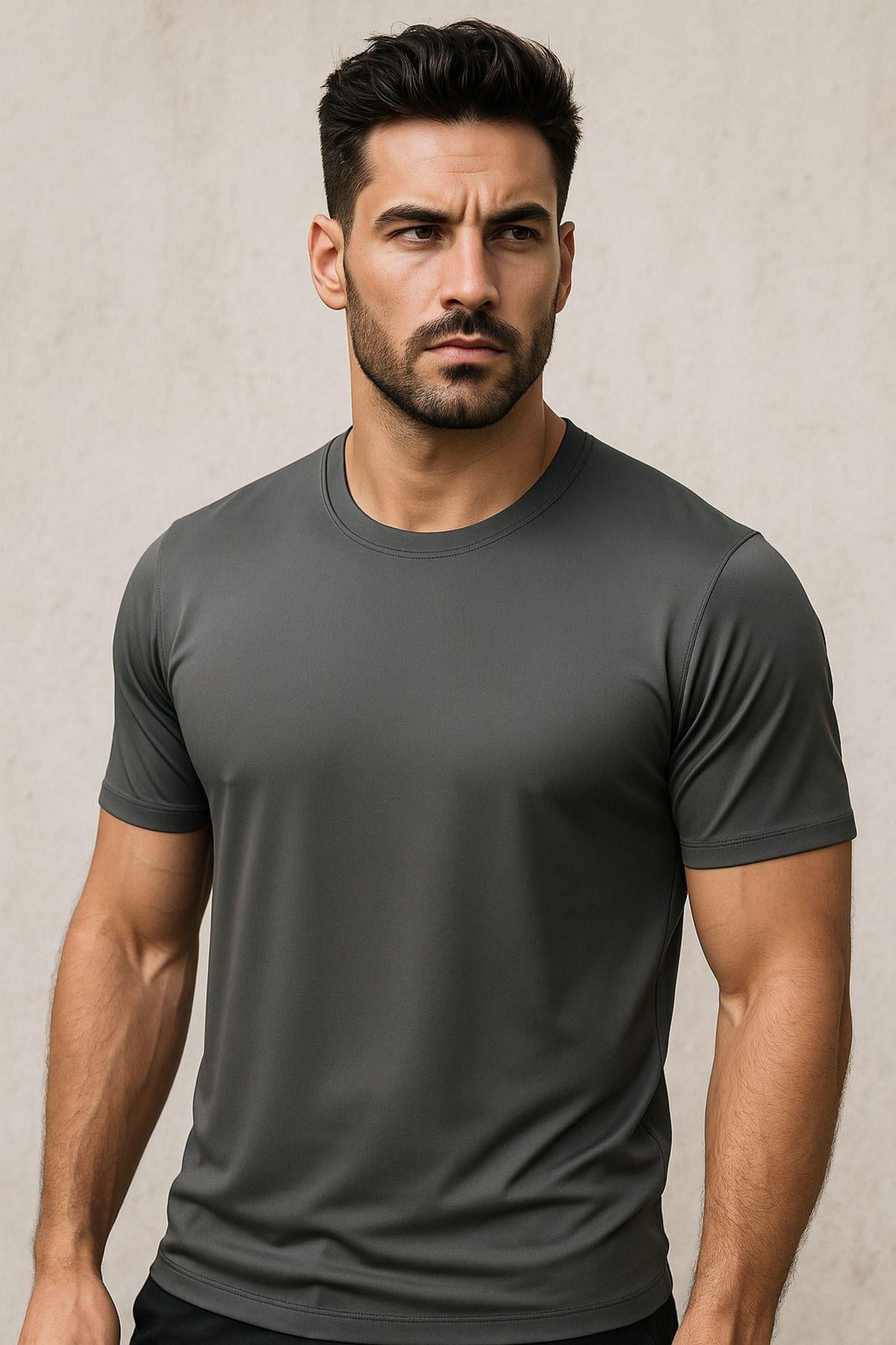 Erkek %100 Pamuk Slim Fit Sporcu Tişört Basic Bisiklet Yaka Kısa Kollu T-Shirt