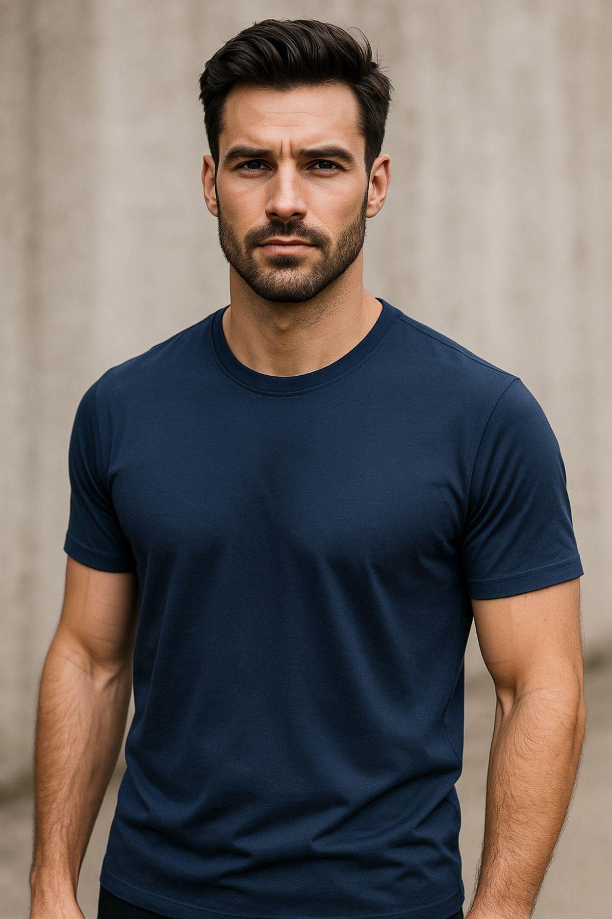 Erkek %100 Pamuk Slim Fit Sporcu Tişört Basic Bisiklet Yaka Kısa Kollu T-Shirt