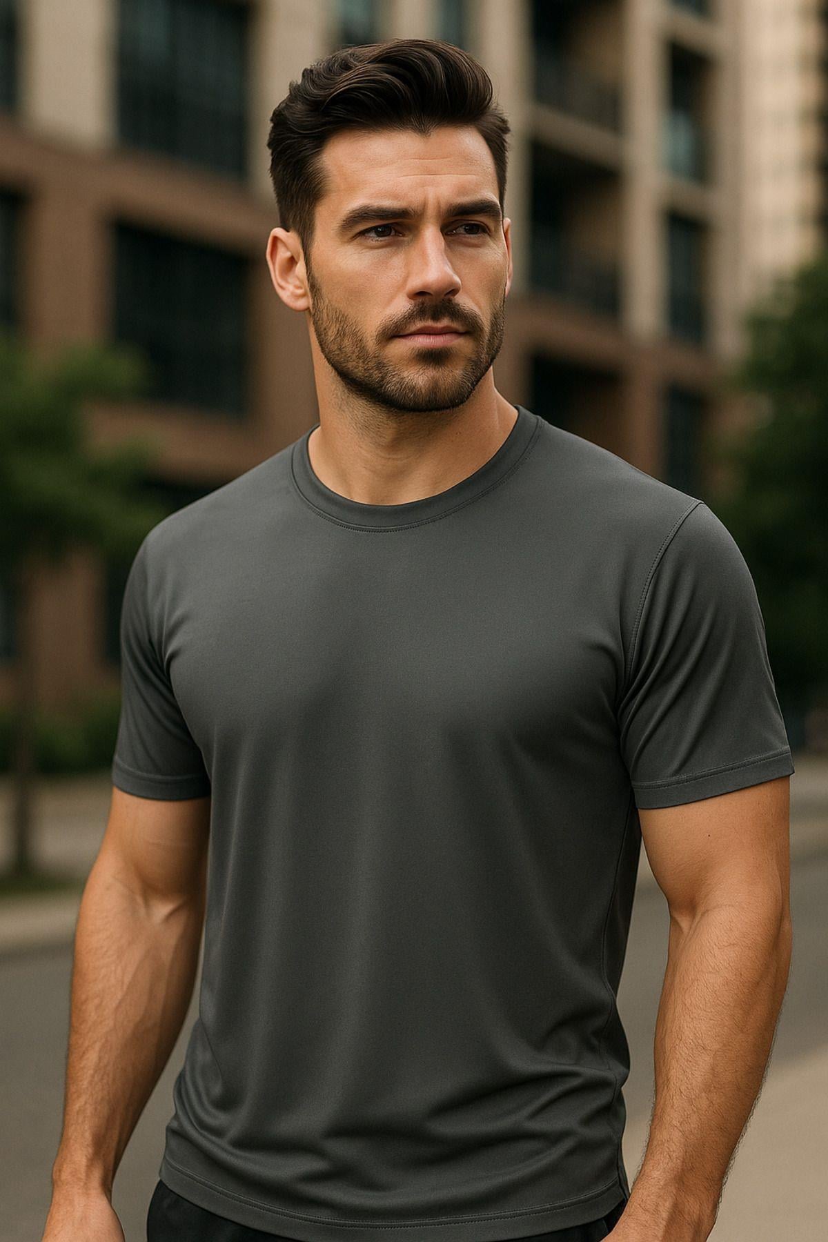 Erkek %100 Pamuk Slim Fit Sporcu Tişört Basic Bisiklet Yaka Kısa Kollu T-Shirt