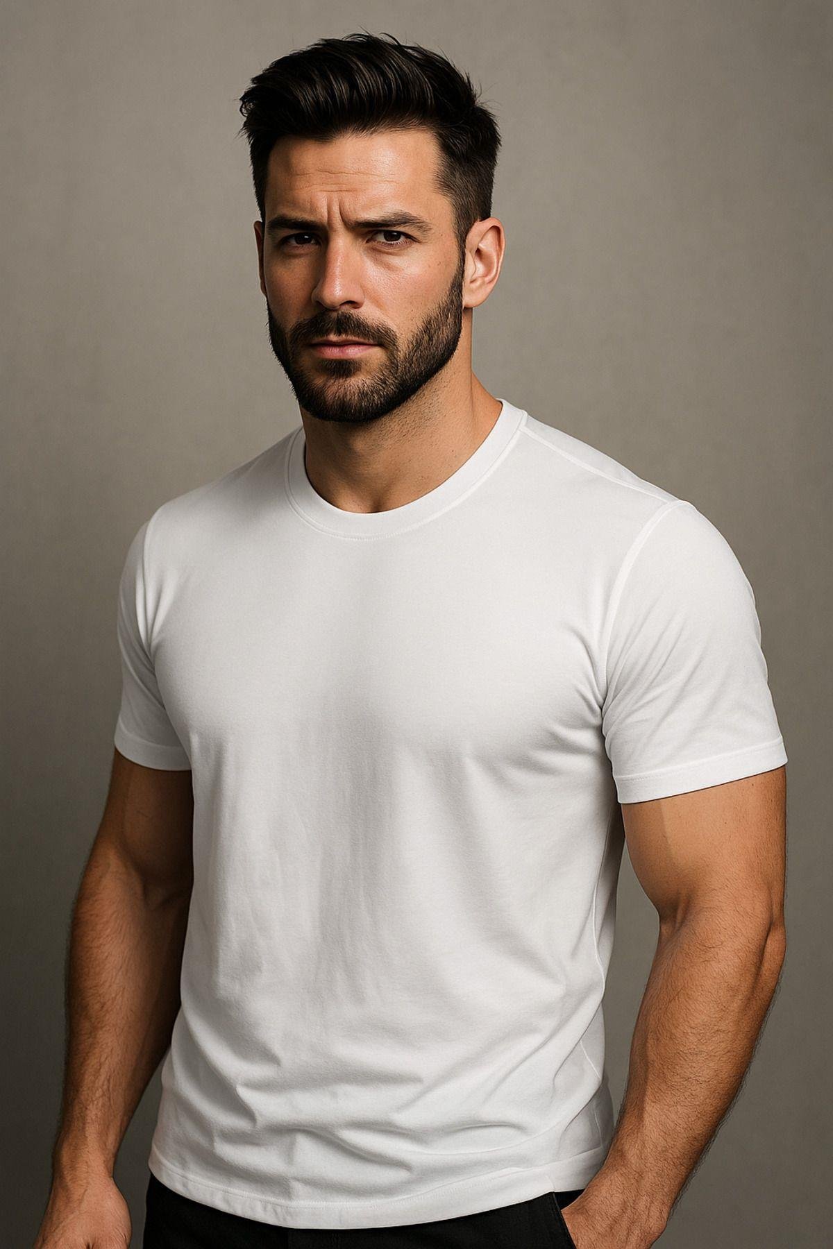 Erkek %100 Pamuk Slim Fit Sporcu Tişört Basic Bisiklet Yaka Kısa Kollu T-Shirt