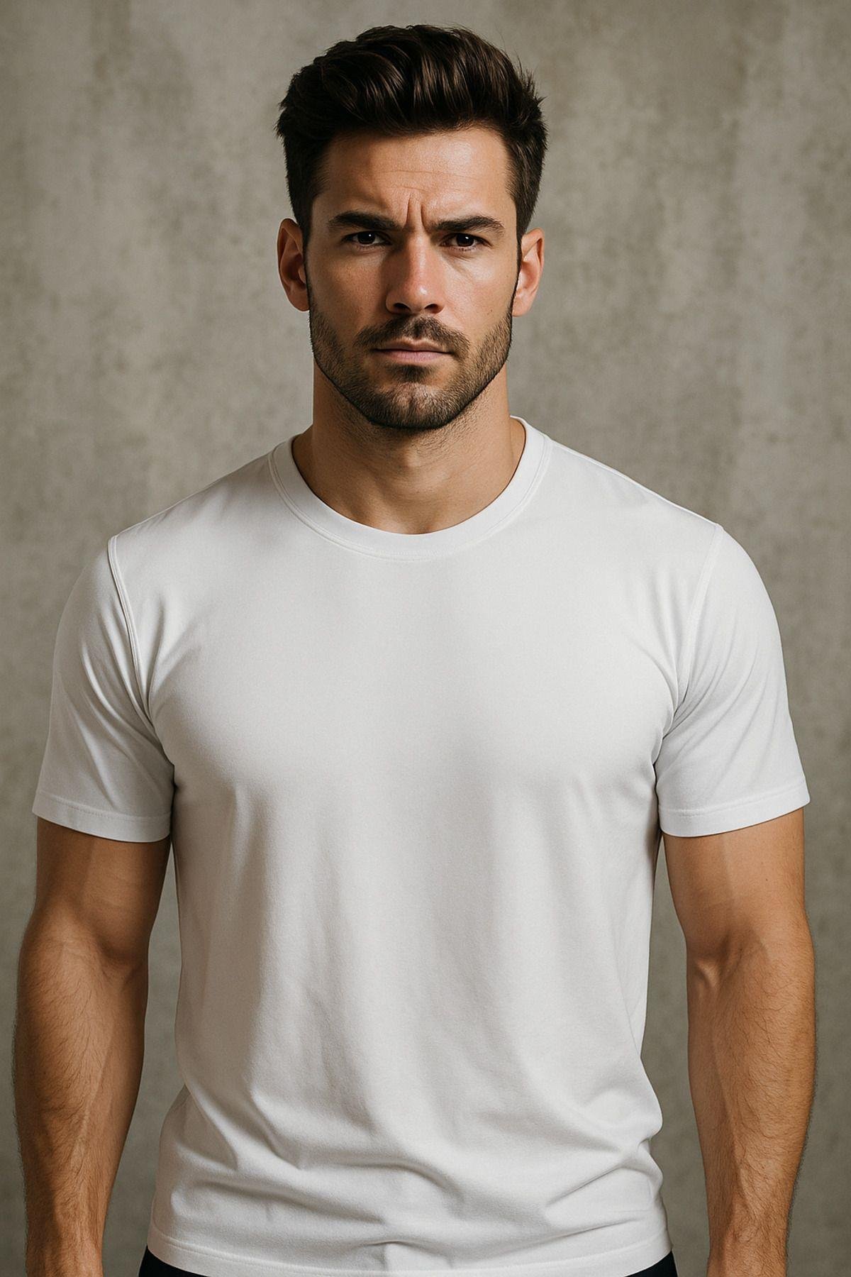 Erkek %100 Pamuk Slim Fit Sporcu Tişört Basic Bisiklet Yaka Kısa Kollu T-Shirt