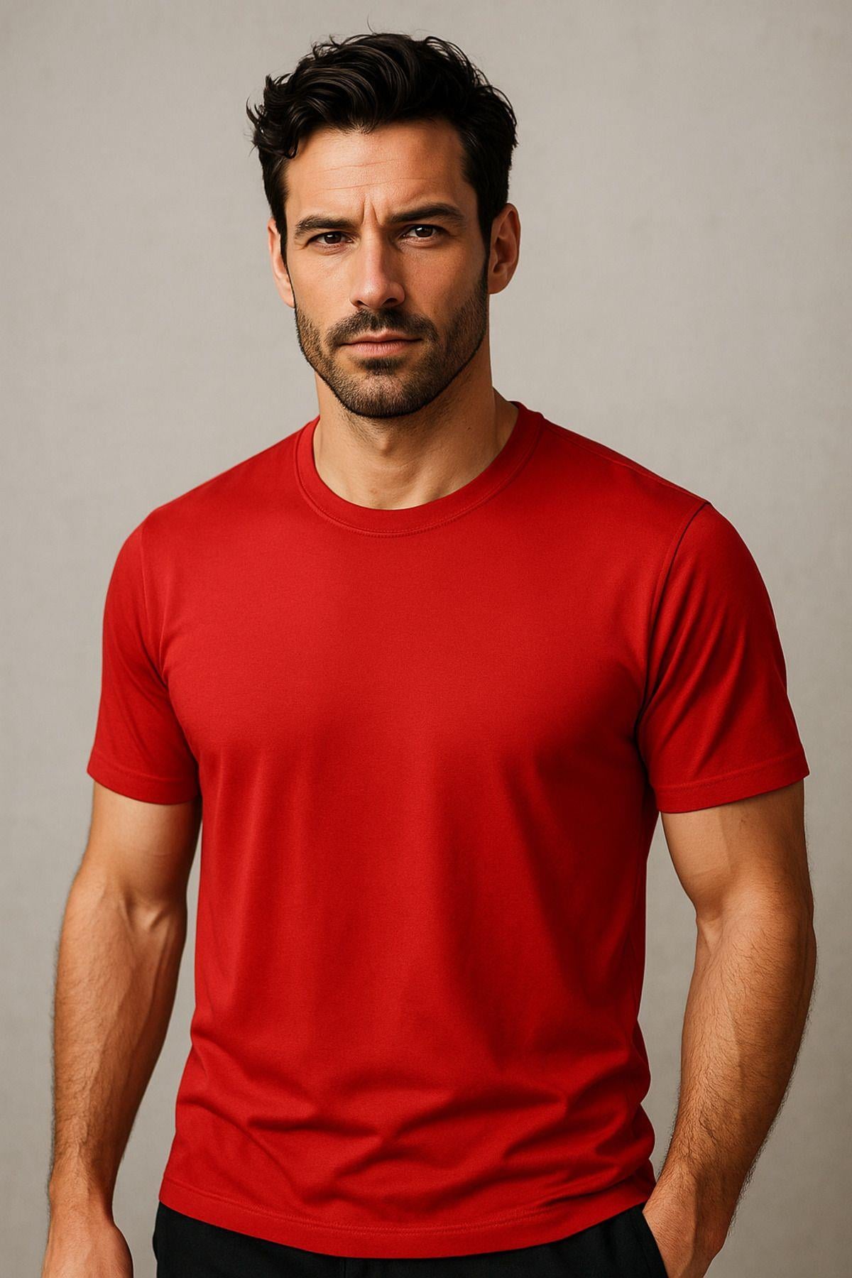 Erkek %100 Pamuk Slim Fit Sporcu Tişört Basic Bisiklet Yaka Kısa Kollu T-Shirt