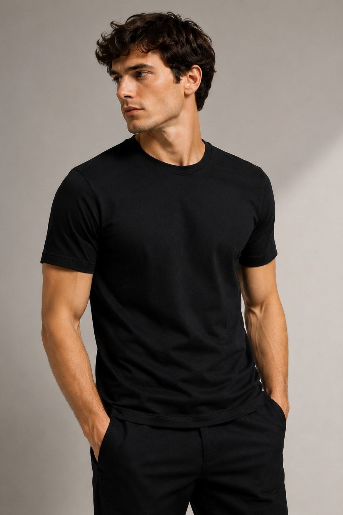 Erkek %100 Pamuk Slim Fit Sporcu Tişört Basic Bisiklet Yaka Kısa Kollu T-Shirt