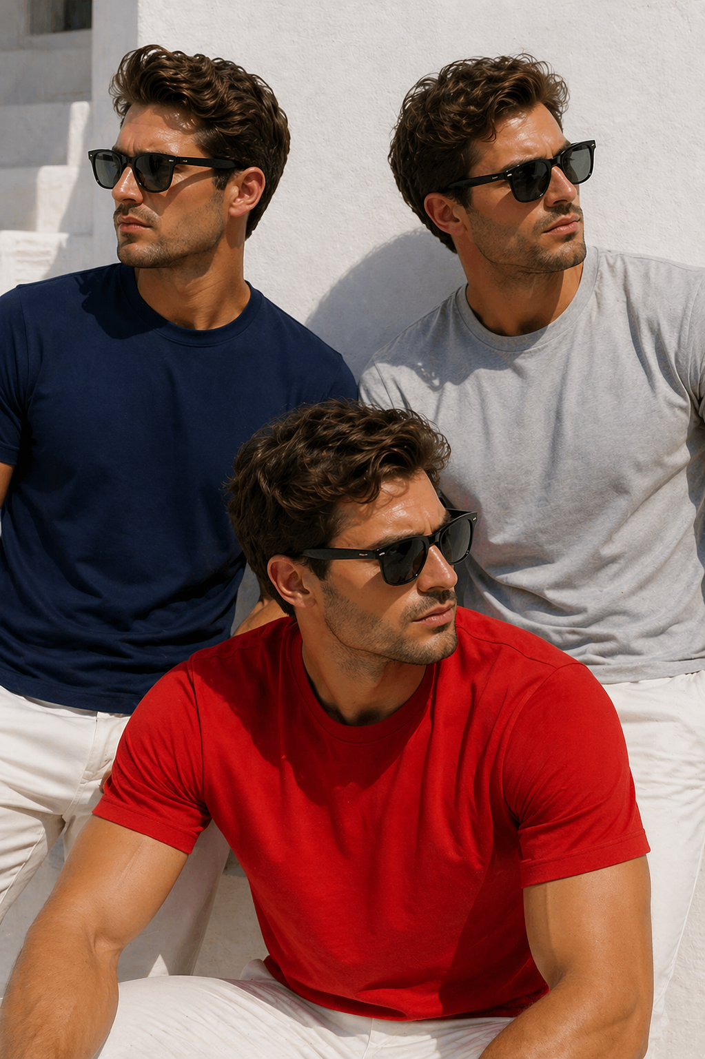 Erkek 3'Lü Grimelanj-Kırmızı-Lacivert Paket %100 Pamuk Slim Fit Sporcu Tişört Basic Bisiklet Yaka Kısa Kollu T-Shirt