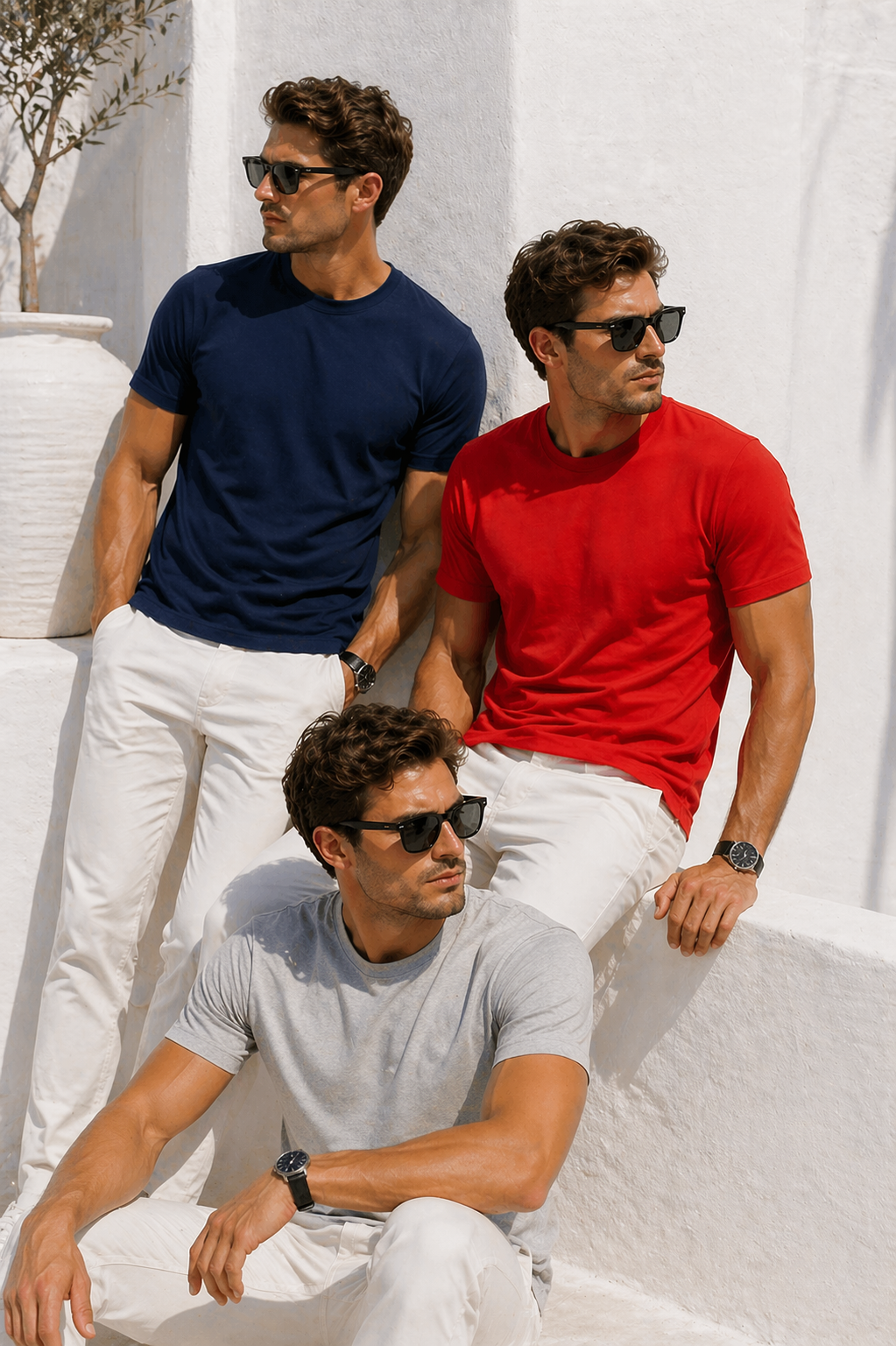 Erkek 3'Lü Grimelanj-Kırmızı-Lacivert Paket %100 Pamuk Slim Fit Sporcu Tişört Basic Bisiklet Yaka Kısa Kollu T-Shirt