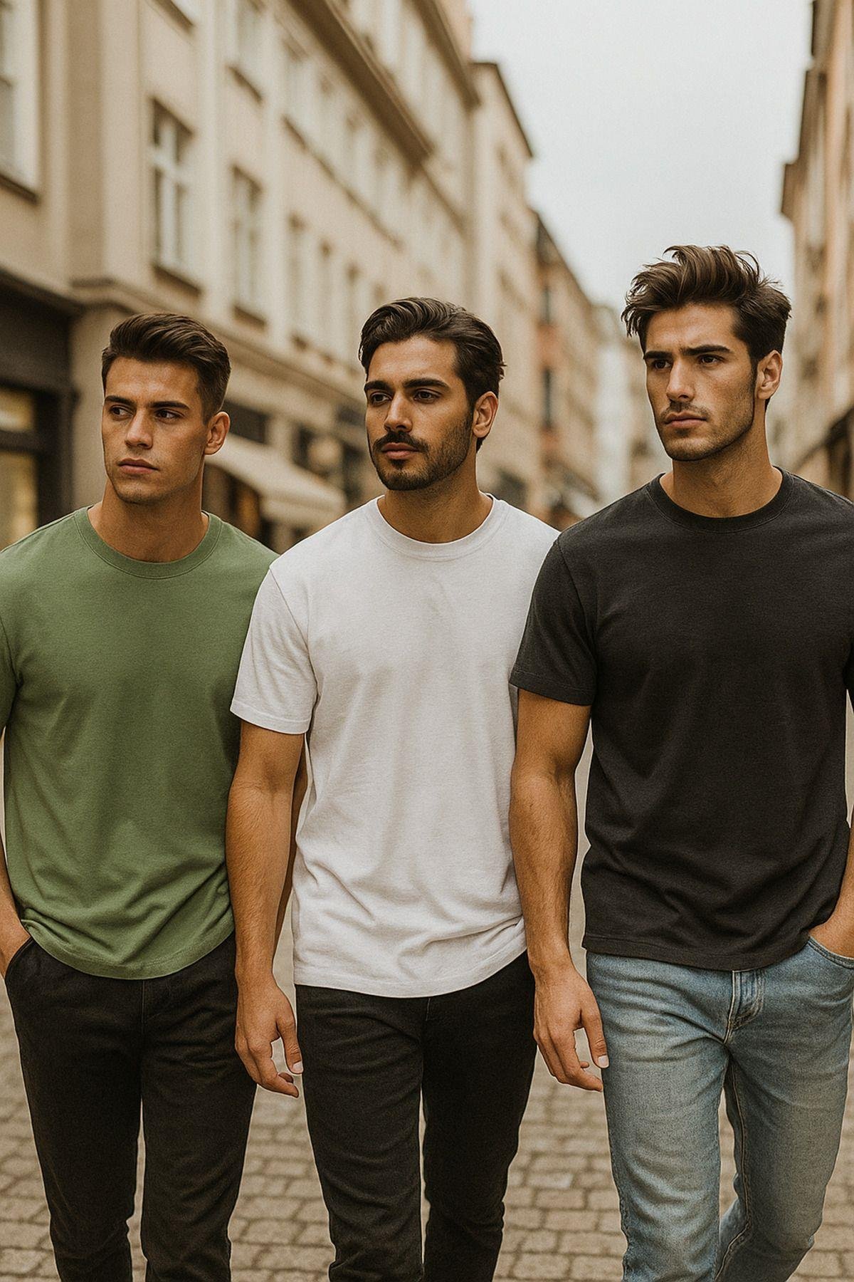 Erkek 3lü Paket Antrasit Melanj-Beyaz-Yeşil Pamuklu Oversize Tişört Bisiklet Yaka Kısa Kollu T-Shirt