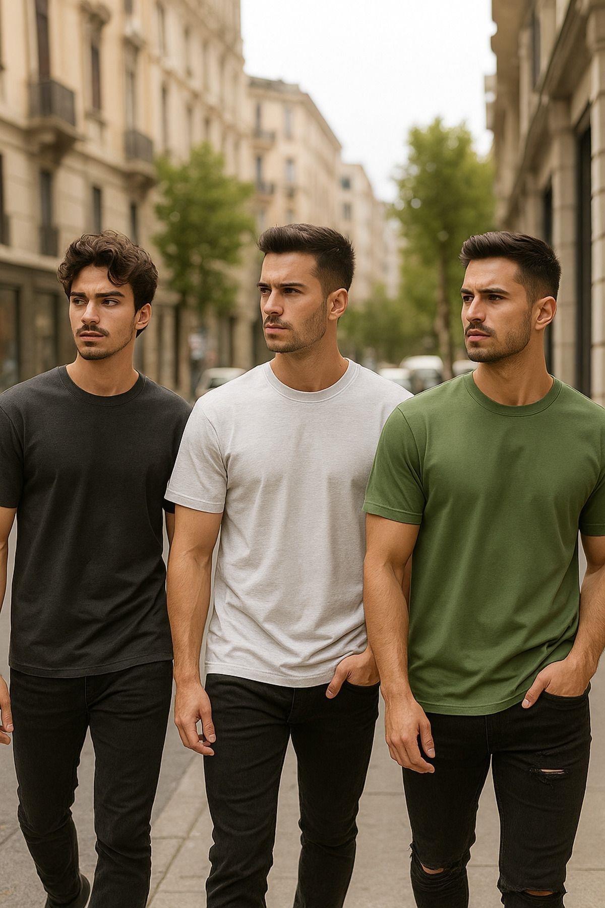 Erkek 3lü Paket Antrasit Melanj-Beyaz-Yeşil Pamuklu Oversize Tişört Bisiklet Yaka Kısa Kollu T-Shirt