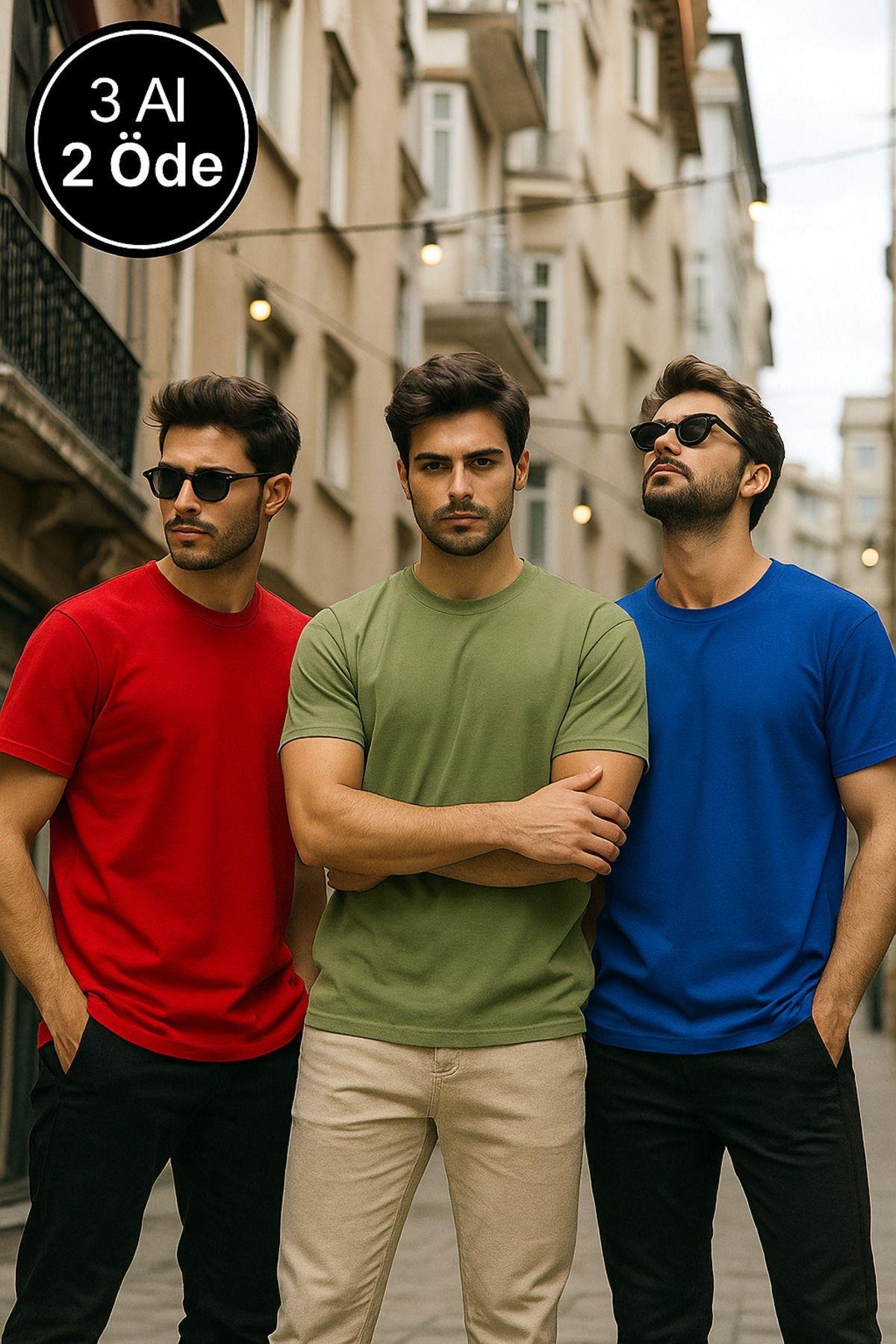 Erkek 3'lü Paket Kırmızı-Mavi-Koyu Yeşil Pamuklu Oversize Tişört Bisiklet Yaka Kısa Kollu T-Shirt
