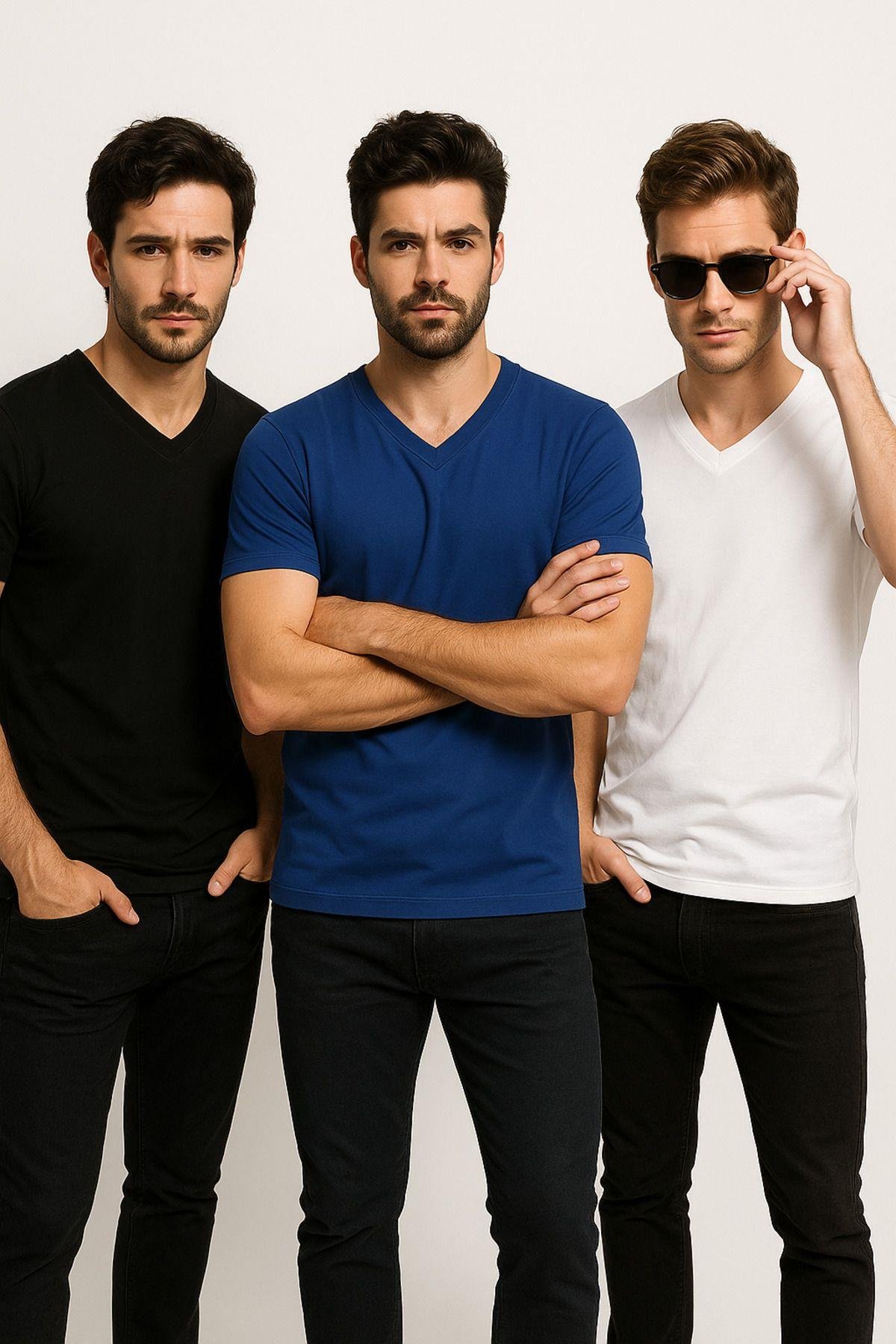 Erkek 3'lü Paket Kısa Kollu %100 Pamuk V Yaka T-shirt