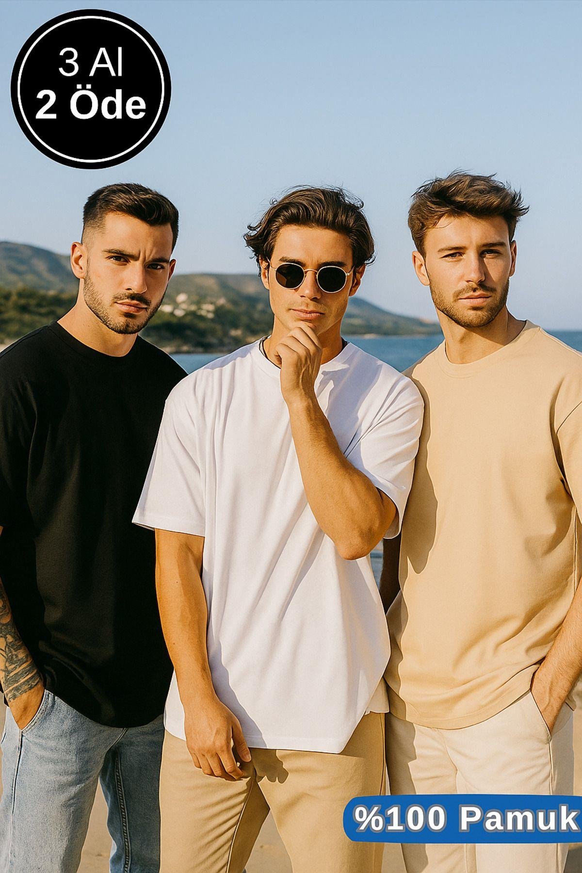 Erkek 3'lü Paket Siyah-Beyaz-Bej %100 Pamuk Oversize Tişört Basic Bisiklet Yaka Kısa Kollu T-Shirt