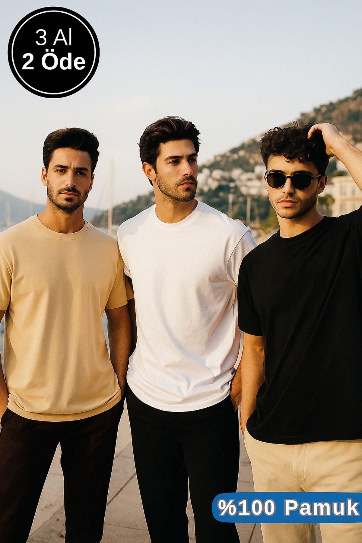 Erkek 3'lü Paket Siyah-Beyaz-Bej %100 Pamuk Oversize Tişört Basic Bisiklet Yaka Kısa Kollu T-Shirt
