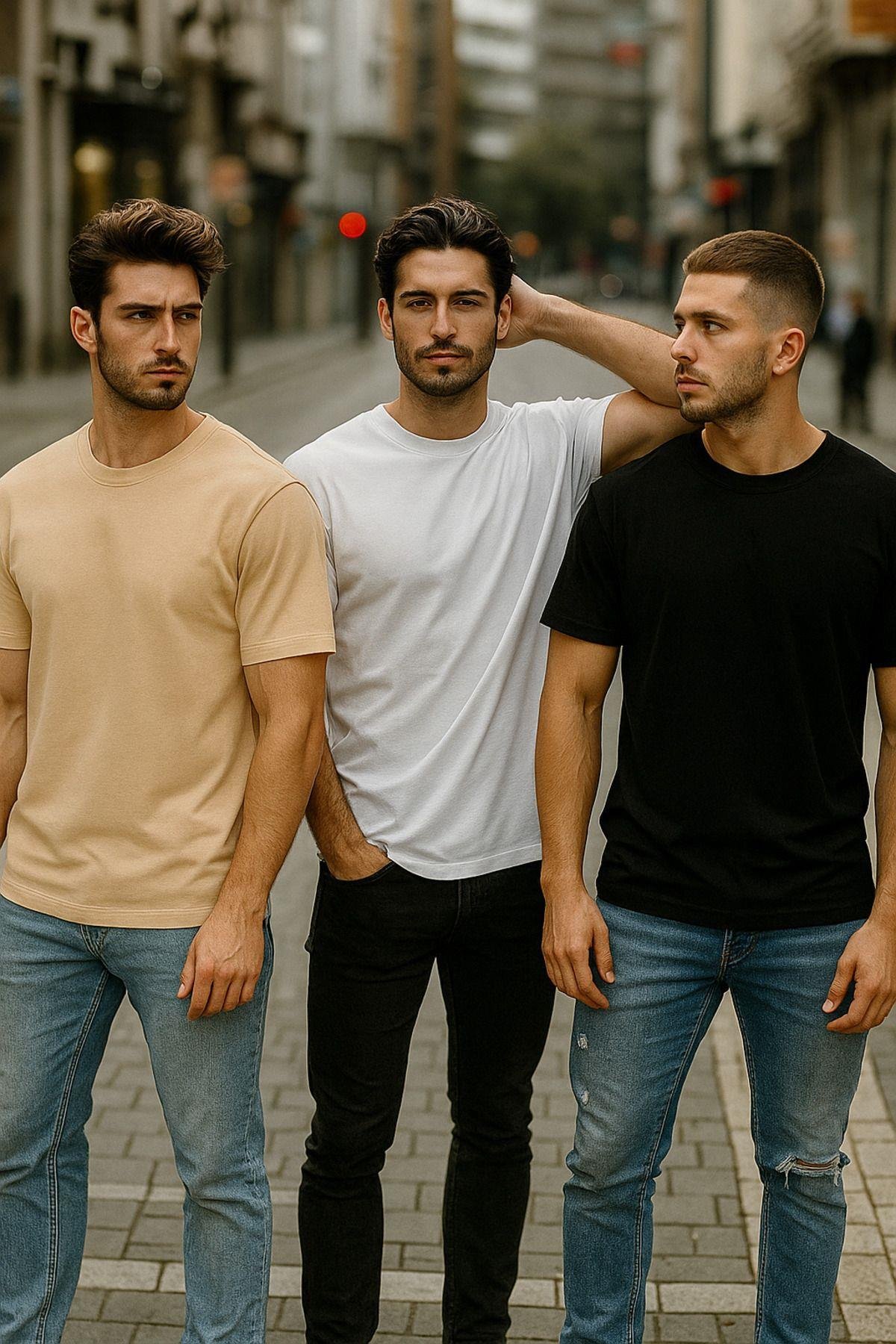 Erkek 3'lü Paket Siyah-Beyaz-Bej %100 Pamuk Oversize Tişört Basic Bisiklet Yaka Kısa Kollu T-Shirt
