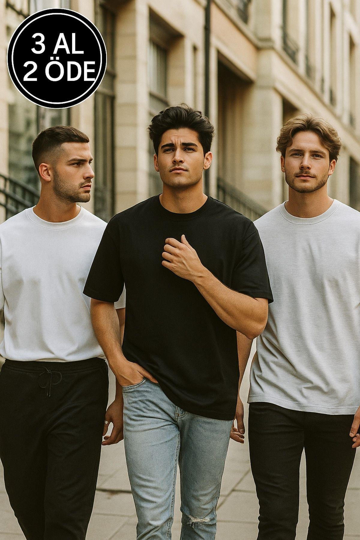 Erkek 3'lü Paket Siyah-Beyaz-Gri Melanj Pamuklu Oversize Tişört Bisiklet Yaka Kısa Kollu T-Shirt