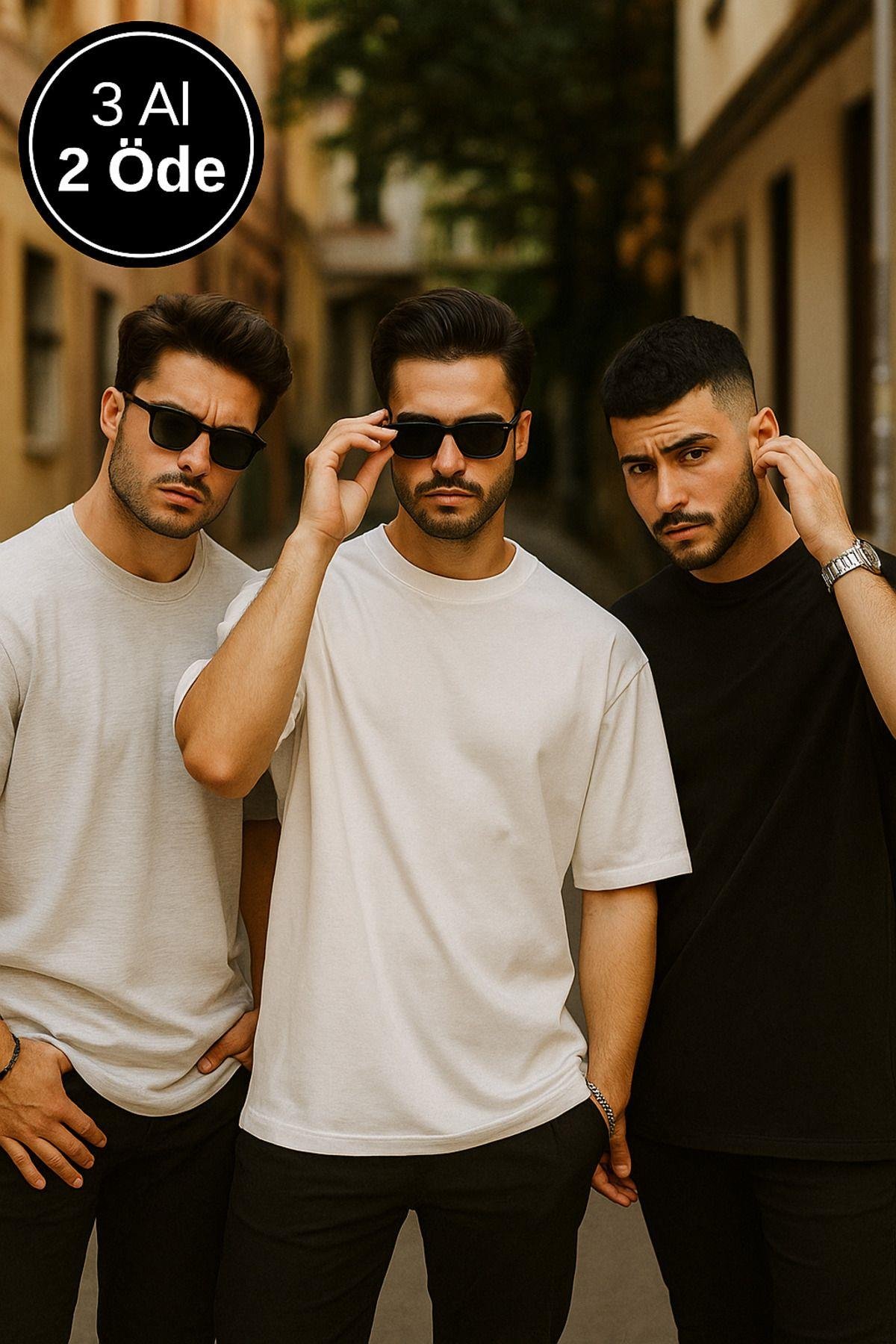 Erkek 3'lü Paket Siyah-Beyaz-Gri Melanj Pamuklu Oversize Tişört Bisiklet Yaka Kısa Kollu T-Shirt