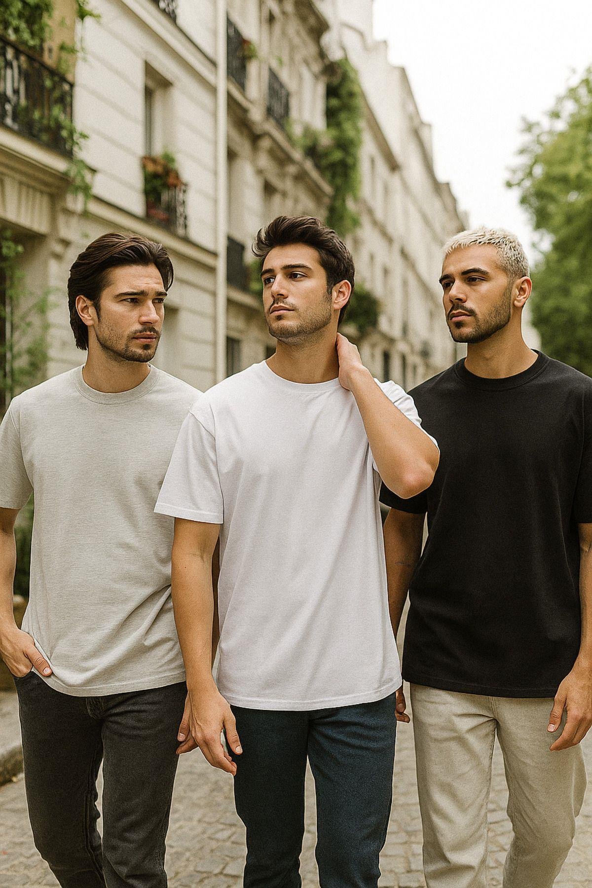 Erkek 3'lü Paket Siyah-Beyaz-Gri Melanj Pamuklu Oversize Tişört Bisiklet Yaka Kısa Kollu T-Shirt
