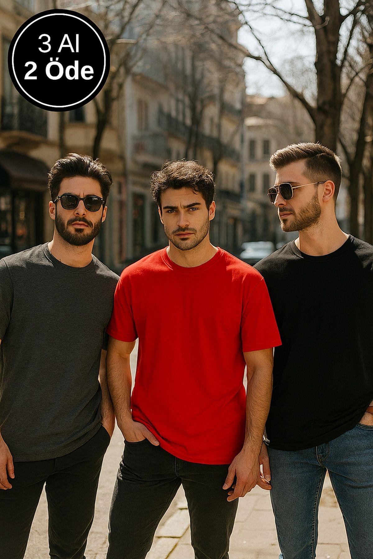 Erkek 3lü Paket Siyah-Kırmızı-Antrasit Pamuklu Oversize Tişört Bisiklet Yaka Kısa Kollu T-Shirt