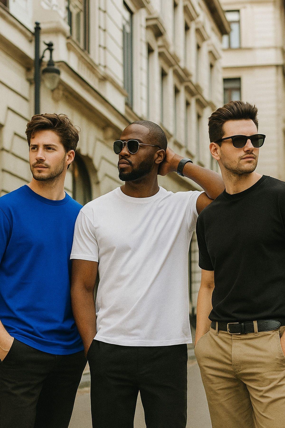Erkek 3'lü Paket Siyah-Kırmızı-Mavi Pamuklu Oversize Tişört Bisiklet Yaka Kısa Kollu T-Shirt