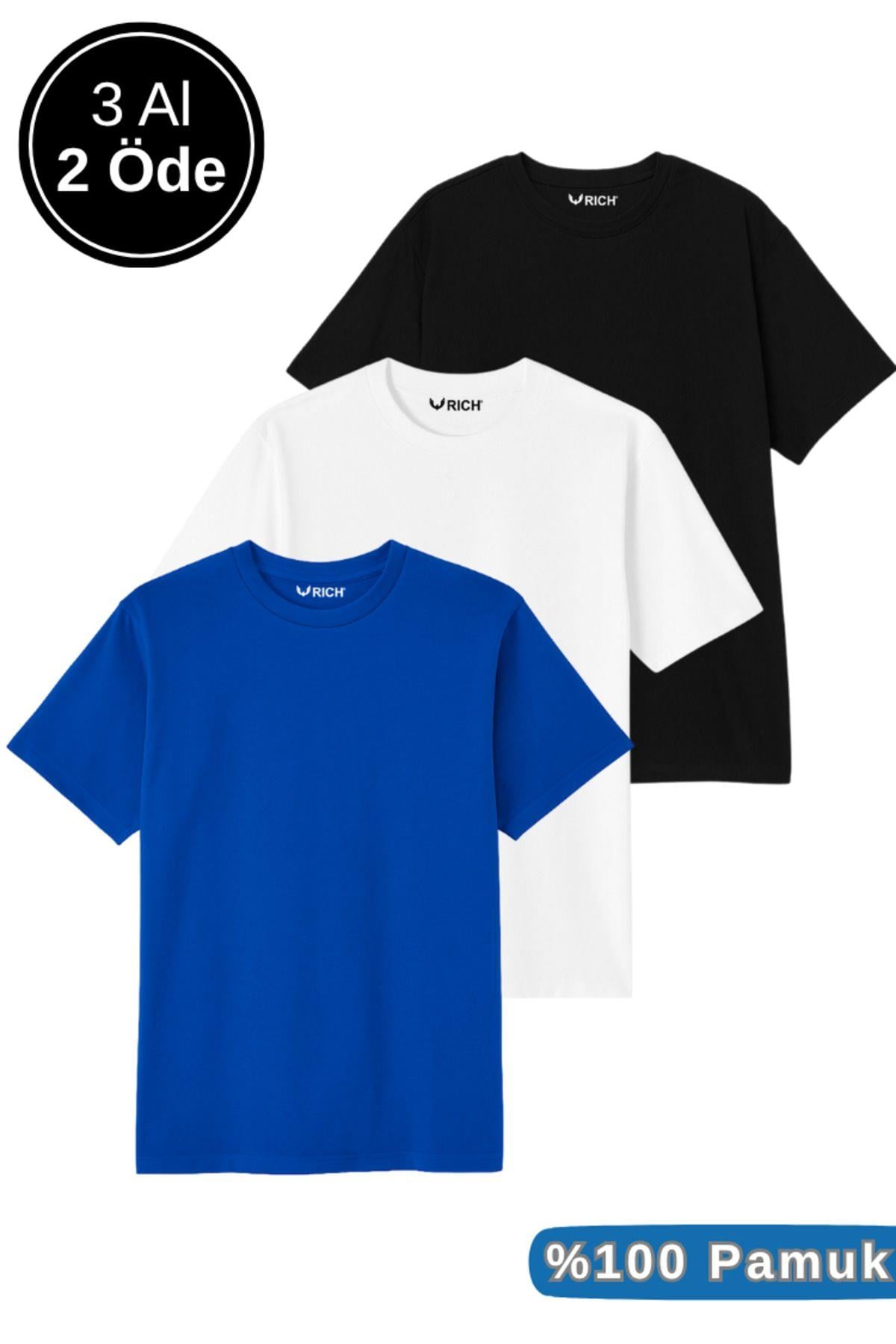 Erkek 3'lü Paket Siyah-Kırmızı-Mavi Pamuklu Oversize Tişört Bisiklet Yaka Kısa Kollu T-Shirt