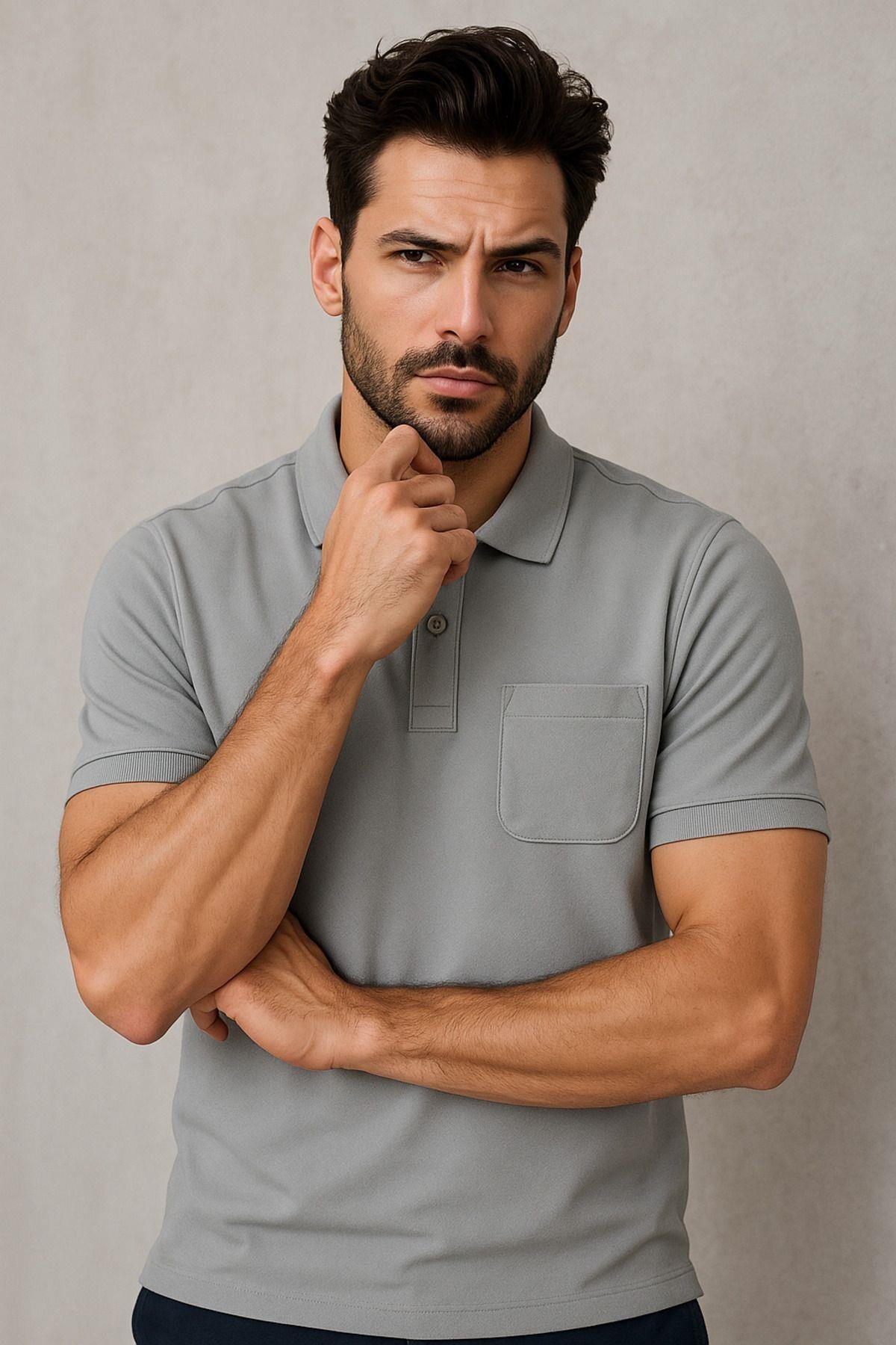 Erkek 3'Lü Paket Slim Fit Tişört Dar Kesim Nefes Alan Kumaş Polo Yaka T-Shirt