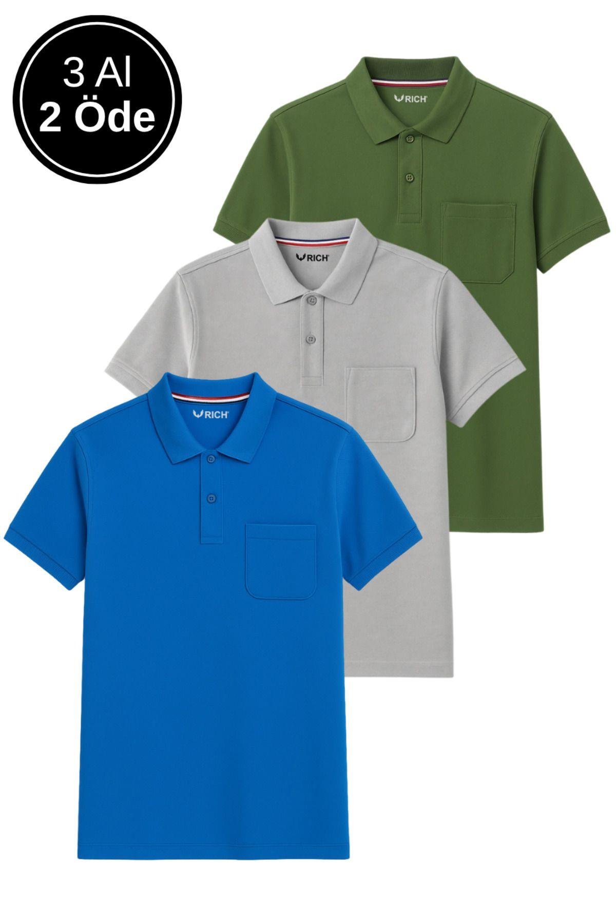 Erkek 3'Lü Paket Slim Fit Tişört Dar Kesim Nefes Alan Kumaş Polo Yaka T-Shirt