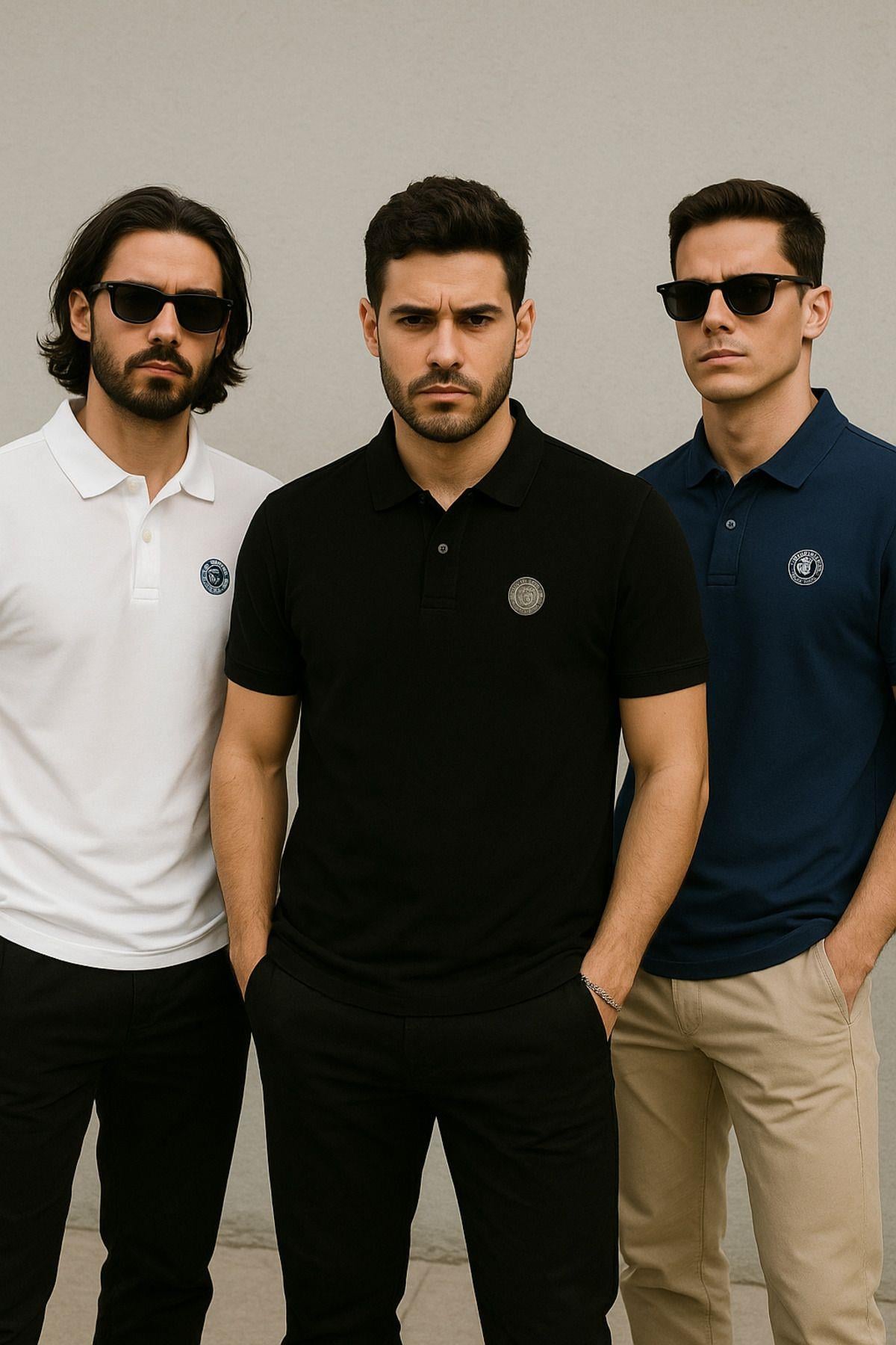 Erkek 3'lü Paket Tişört Rahat Kesim %100 Pamuklu Polo Yaka T-Shirt Siyah-Lacivert-Beyaz