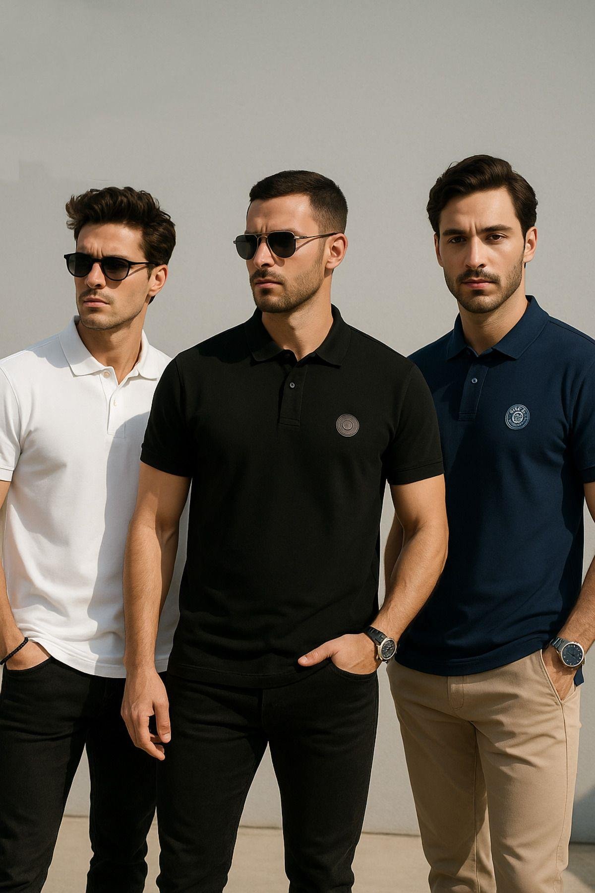 Erkek 3'lü Paket Tişört Rahat Kesim %100 Pamuklu Polo Yaka T-Shirt Siyah-Lacivert-Beyaz