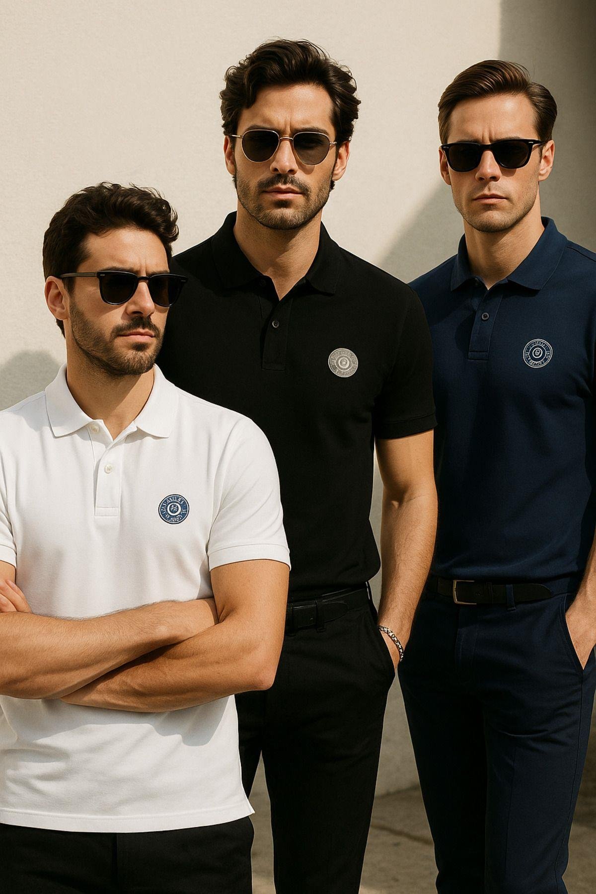 Erkek 3'lü Paket Tişört Rahat Kesim %100 Pamuklu Polo Yaka T-Shirt Siyah-Lacivert-Beyaz