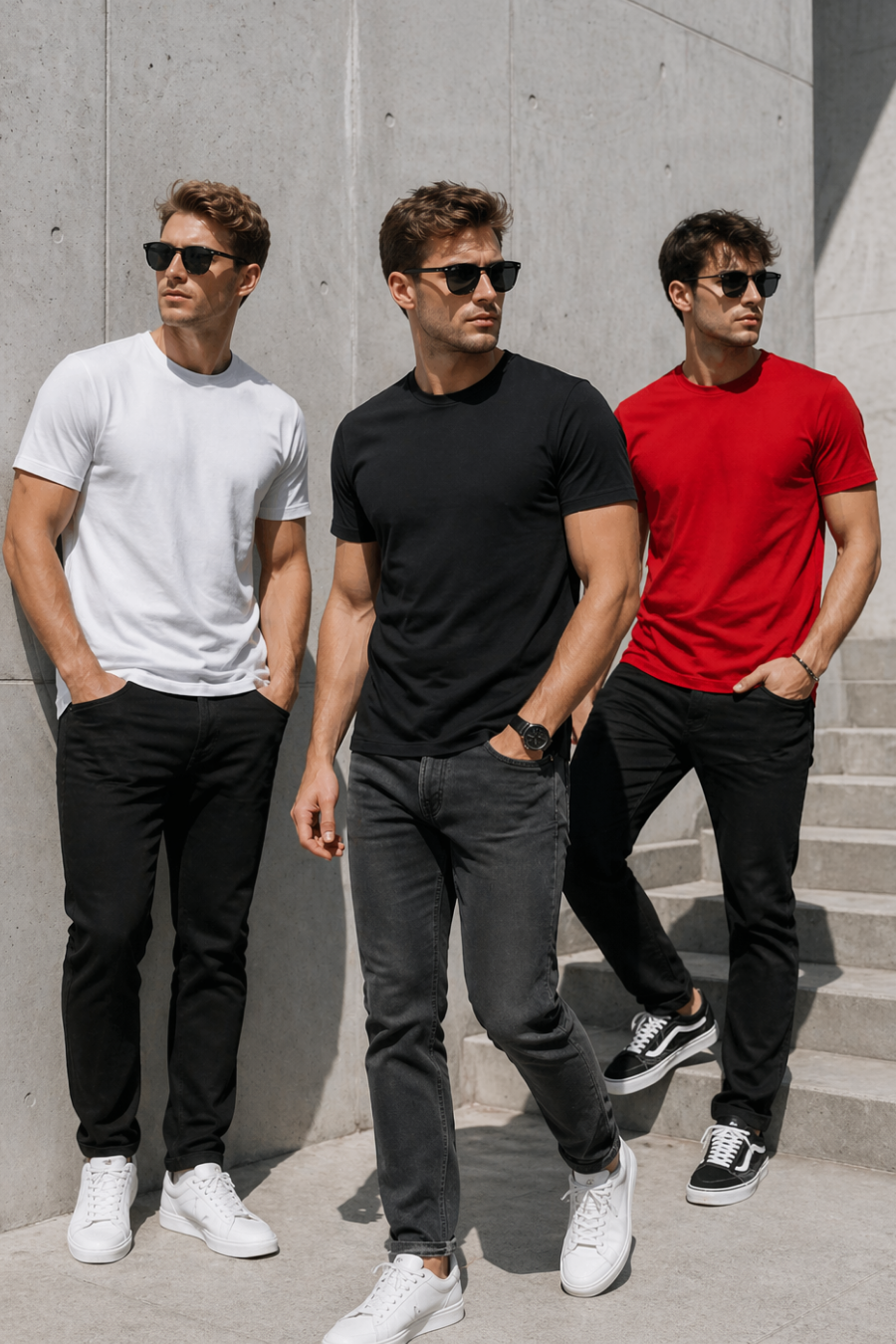 Erkek 3'Lü Siyah-Beyaz-Kırmızı Paket %100 Pamuk Slim Fit Sporcu Tişört Basic Bisiklet Yaka Kısa Kollu T-Shirt