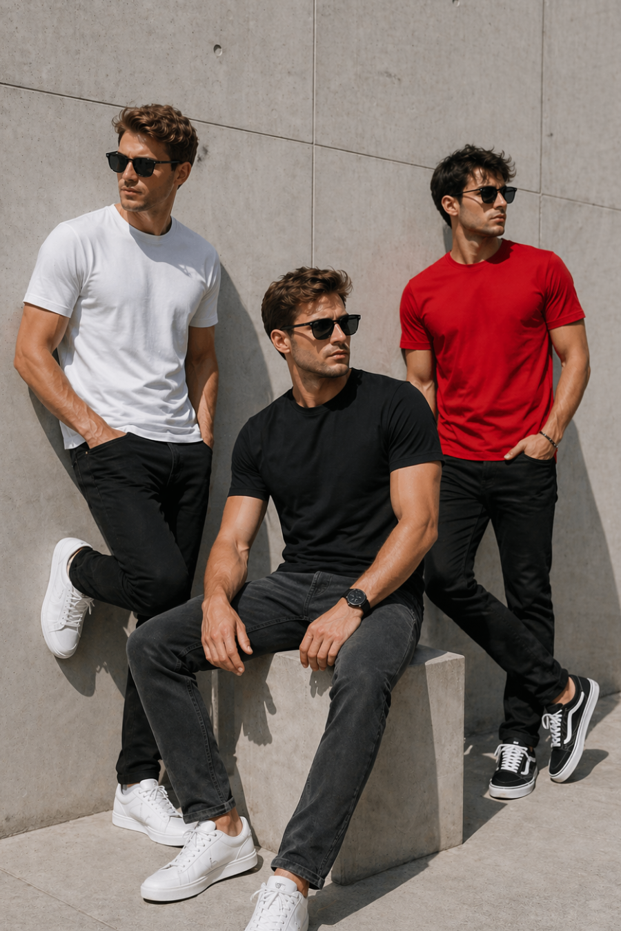 Erkek 3'Lü Siyah-Beyaz-Kırmızı Paket %100 Pamuk Slim Fit Sporcu Tişört Basic Bisiklet Yaka Kısa Kollu T-Shirt
